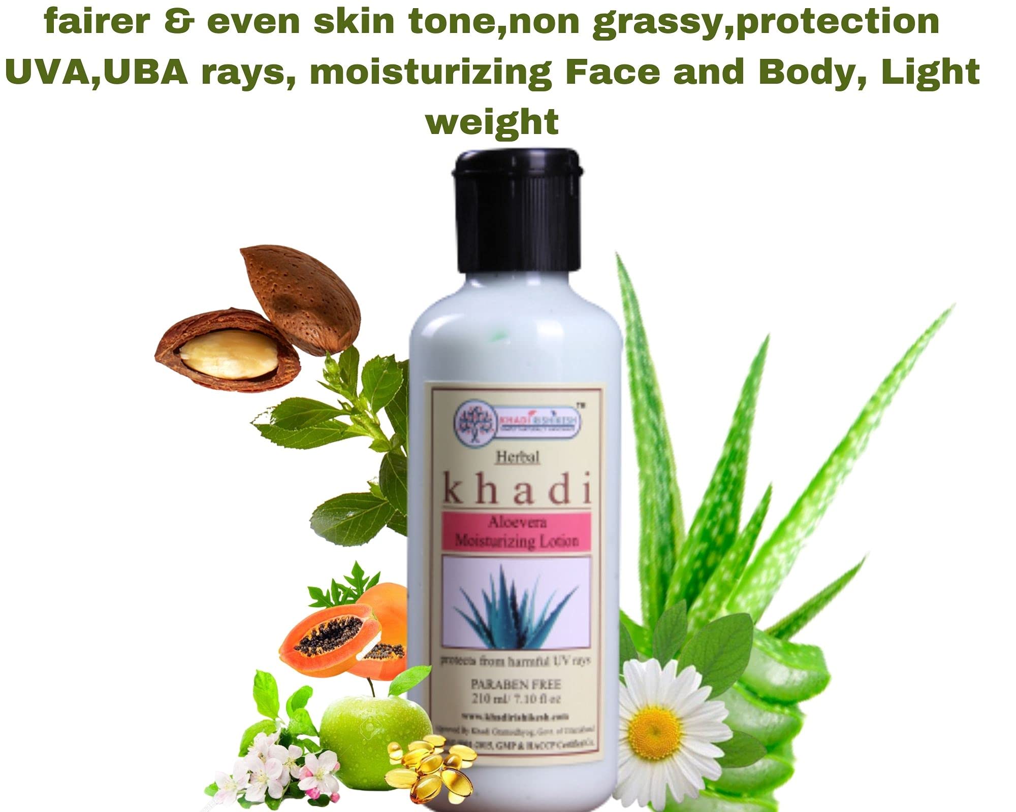 KHADI RISHIKESH Herbal Aloe Vera Body Lotion with Aloe Extract - Non Greasy, Non Sticky Formula for Face, Hands & Body - Suitable for Normal to Dry Skin - Paraben Free - Unisex (210ml) - Includes Free Nail Clipper - Perfect for Daily Moisturizing & Skin Care Routine