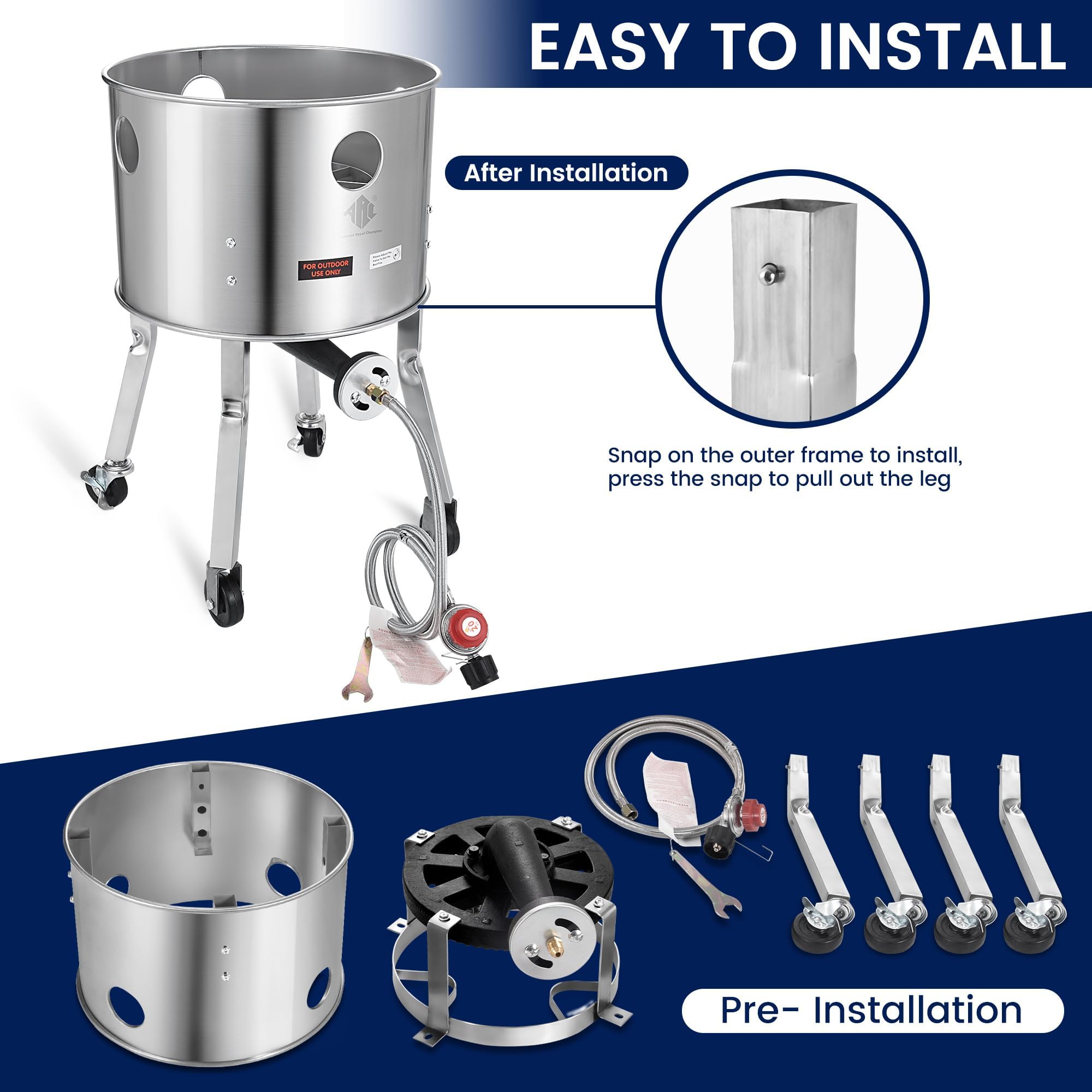 **ARC 64QT Stainless Steel Seafood Boiling Kit – 200,000 BTU Propane Burner with Crawfish Pot, Strainer, Wheeled Legs & 360° Windscreen – Outdoor Cooking, Steaming & Turkey Frying for Backyard, Camping & Parties**