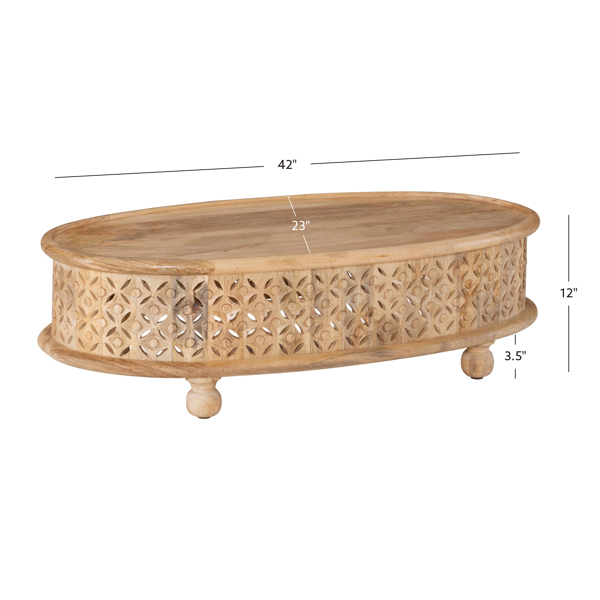 Powell Sympico Natural Stained Mango Wood Oval Coffee Table with Hand-Carved Details - Rustic Living Room Centerpiece for Home Decor (PAMZN2052)