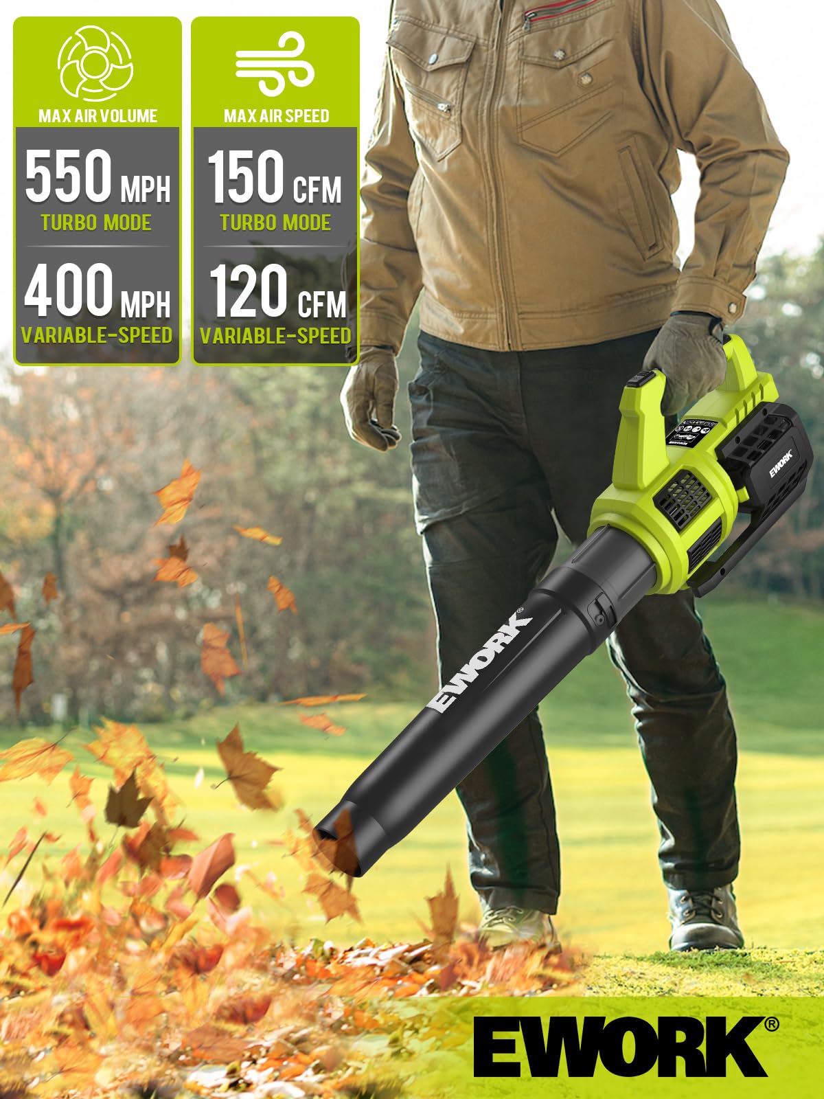 EWORK 21V Cordless Leaf Blower with 2x 3.0Ah Batteries & Fast Charger | Variable Speed & Turbo Mode | Lightweight Battery-Powered Leaf Blower for Lawn Care, Yard Cleanup, Patio, Driveway & Garden Maintenance