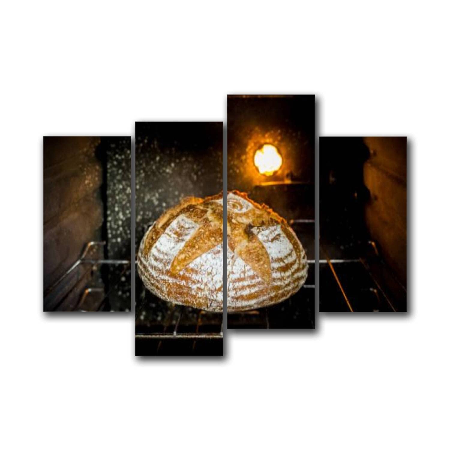 White Country Loaf Portrait in Kitchen Oven - Framed Canvas Wall Art Prints - Modern Gallery Painting for Living Room, Bedroom & Office Decor - Set of 4 - Perfect for Home, Restaurant & Cafe Wall Decoration