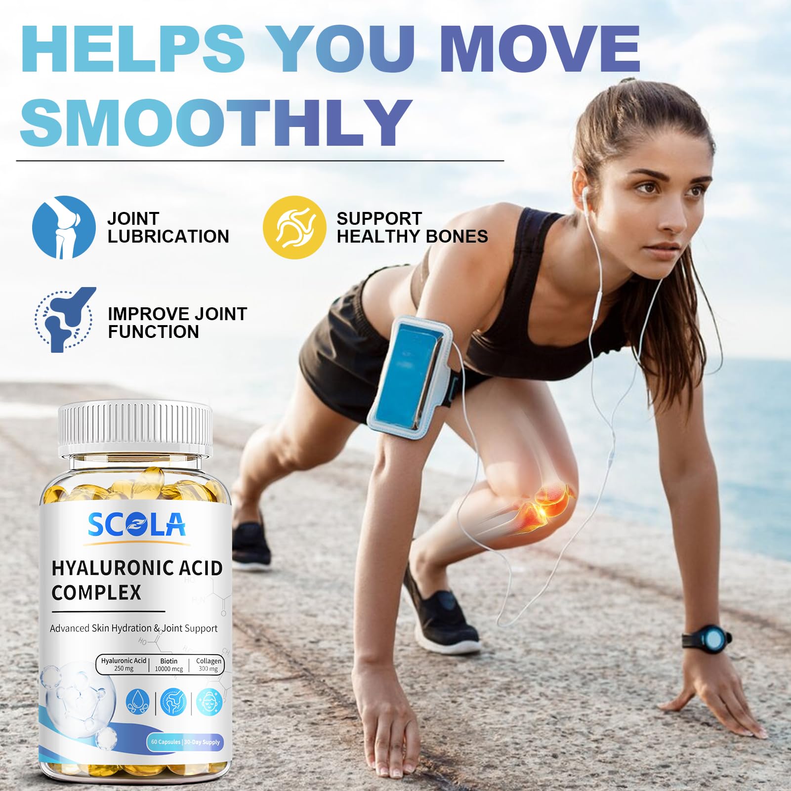 Premium Hyaluronic Acid Supplements 250mg with Vitamin C, Collagen & 10000mcg Biotin - Advanced Skin Hydration, Joint Support & Anti-Aging Formula - 60 Vegan Capsules for Glowing Skin & Healthy Joints - Perfect for Daily Beauty Routine & Active Lifestyle