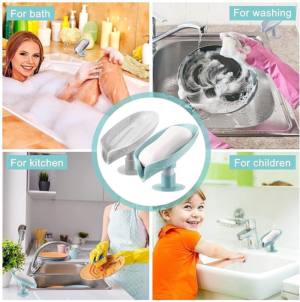 Self-Draining Plastic Soap Stand Holder for Bathroom & Kitchen Sink - Magic Stickers Included - Leaf Design Soap Dish (2-Pack) - Perfect for Showers, Countertops, and Vanity Organization