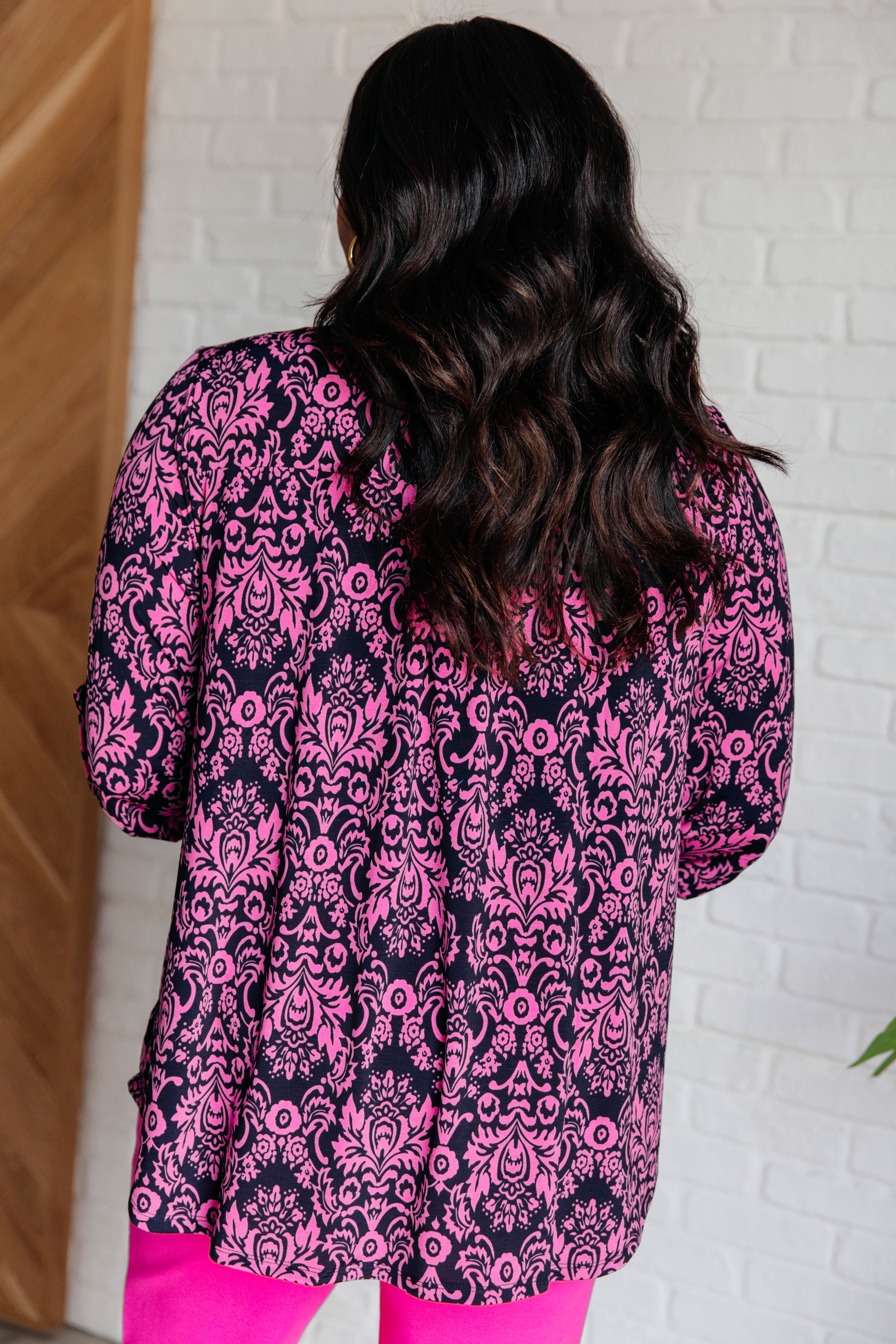 Lizzy Top - Hot Pink & Navy Damask Print Women's Blouse | Casual & Party Wear