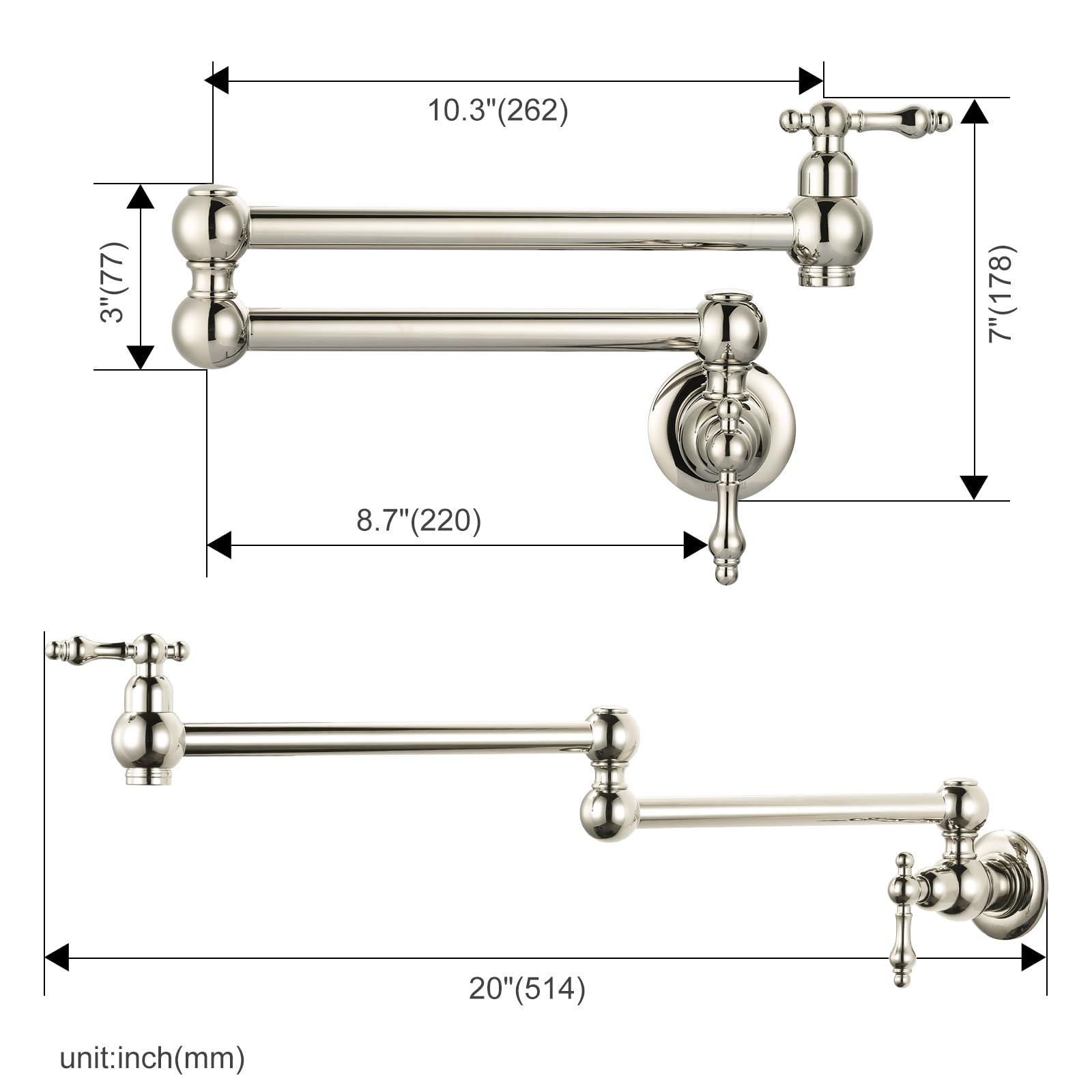 Premium Polished Nickel Pot Filler Faucet - Wall Mount Brass Kitchen Faucet with Double Joint Swing Arms for Stove - Ideal for Cooking, Filling Large Pots & Pasta Making