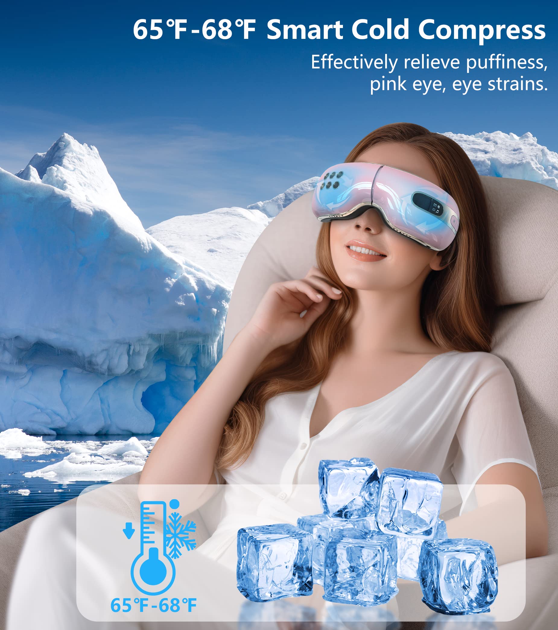 Heated & Cooling Eye Massager for Relaxation - Relieves Eye Strain, Dry Eyes, Dark Circles & Puffiness | Bluetooth Music Eye Mask for Better Sleep | Perfect Gift for Women & Men (Pink) - Ideal for Office Workers, Students & Travelers