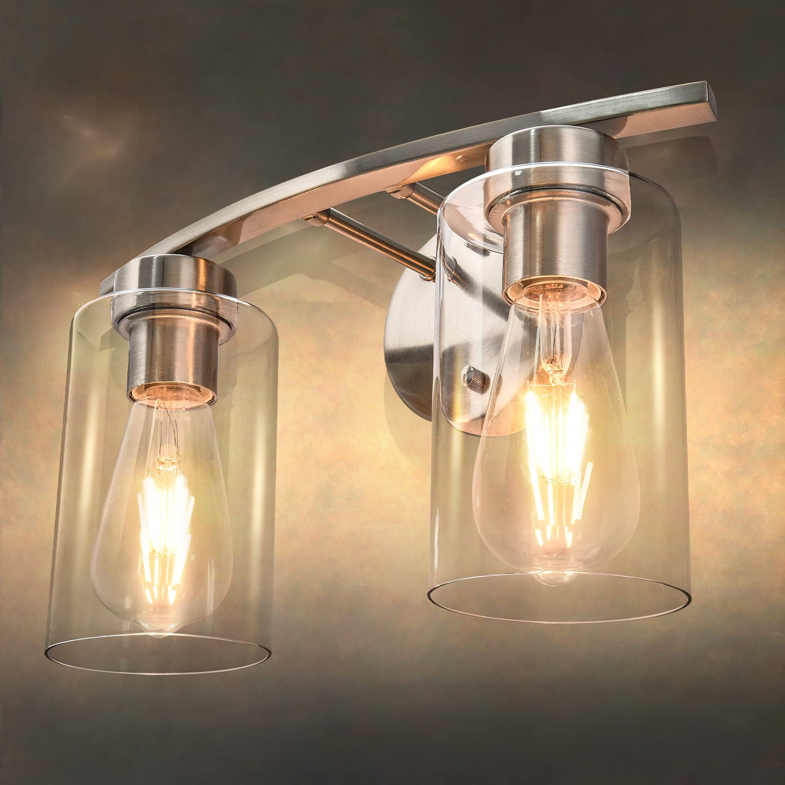 Modern 2-Light Bathroom Vanity Wall Sconce - Brushed Nickel Finish with Glass Shade - Perfect for Bathroom Mirror Lighting, Kitchen, Living Room & Bedroom Décor - Energy Efficient & Stylish Home Lighting Solution