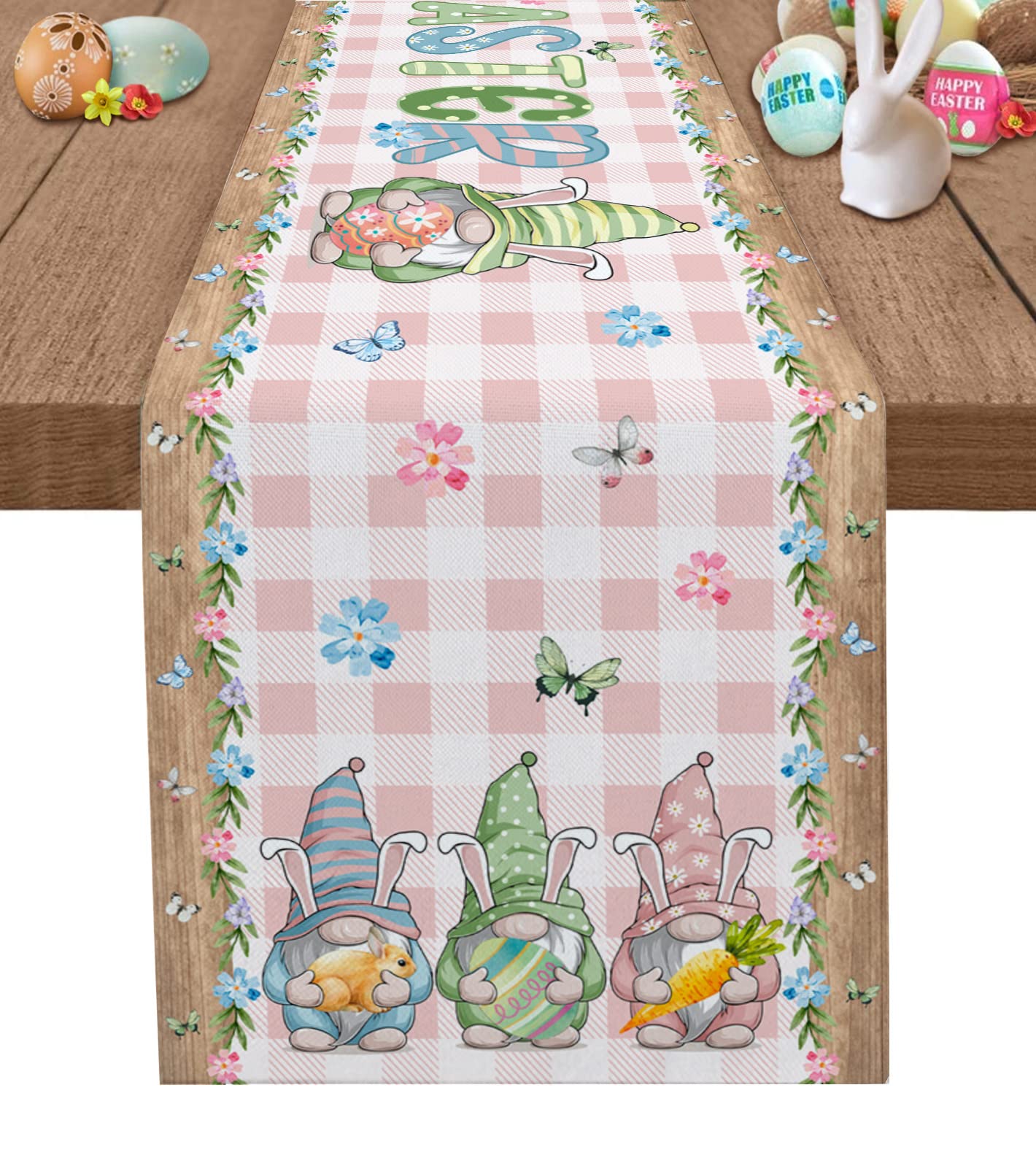 Easter Table Runner with Bunny Gnome & Colorful Eggs - Rustic Holiday Decor for Dining Table, Kitchen, Party - 13x36In - Perfect for Easter Celebrations, Birthday Parties & Home Decor