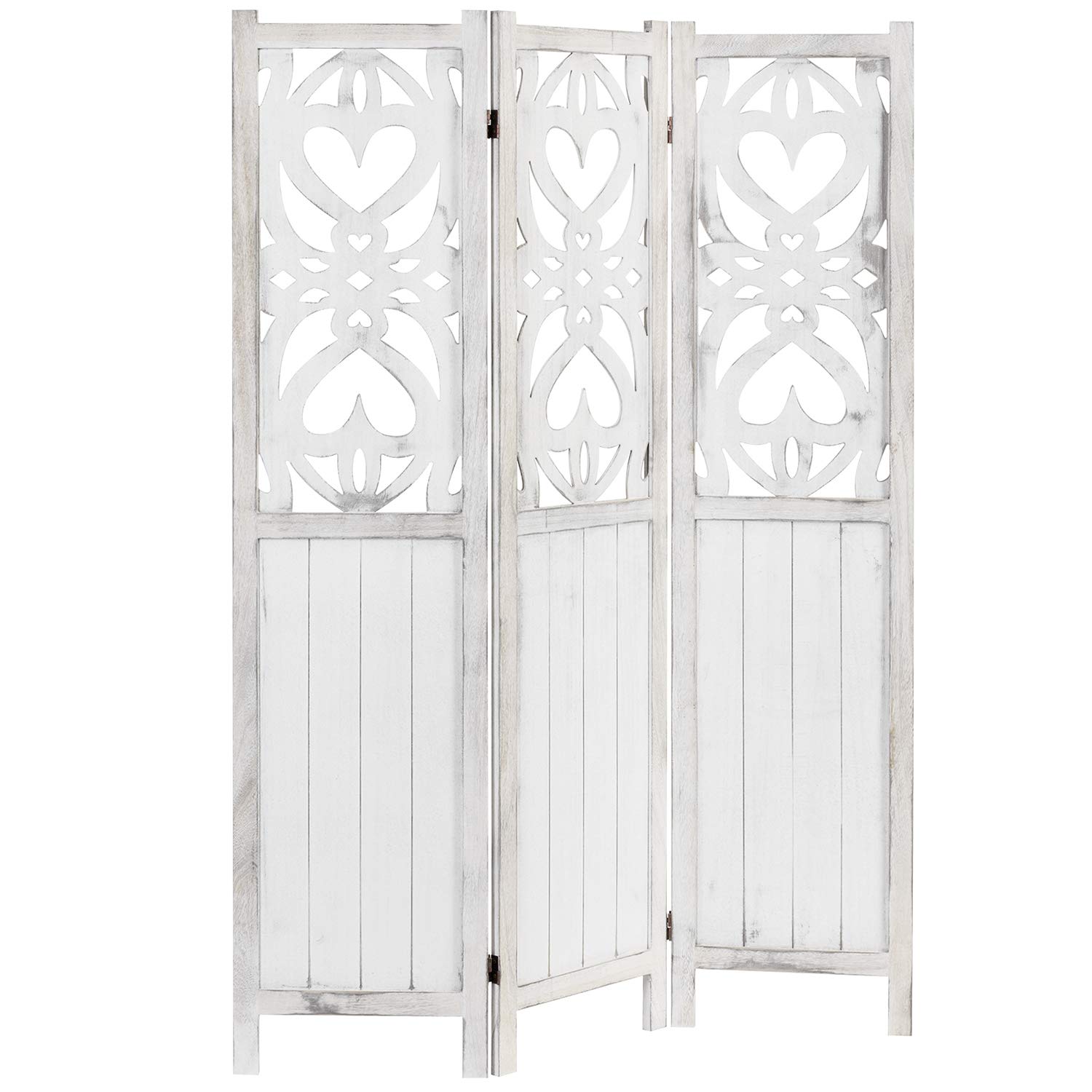 MyGift 3-Panel Decorative Vintage White Cutout Heart Design Room Divider Screen - Elegant Privacy Partition for Bedroom, Living Room & Office Decor