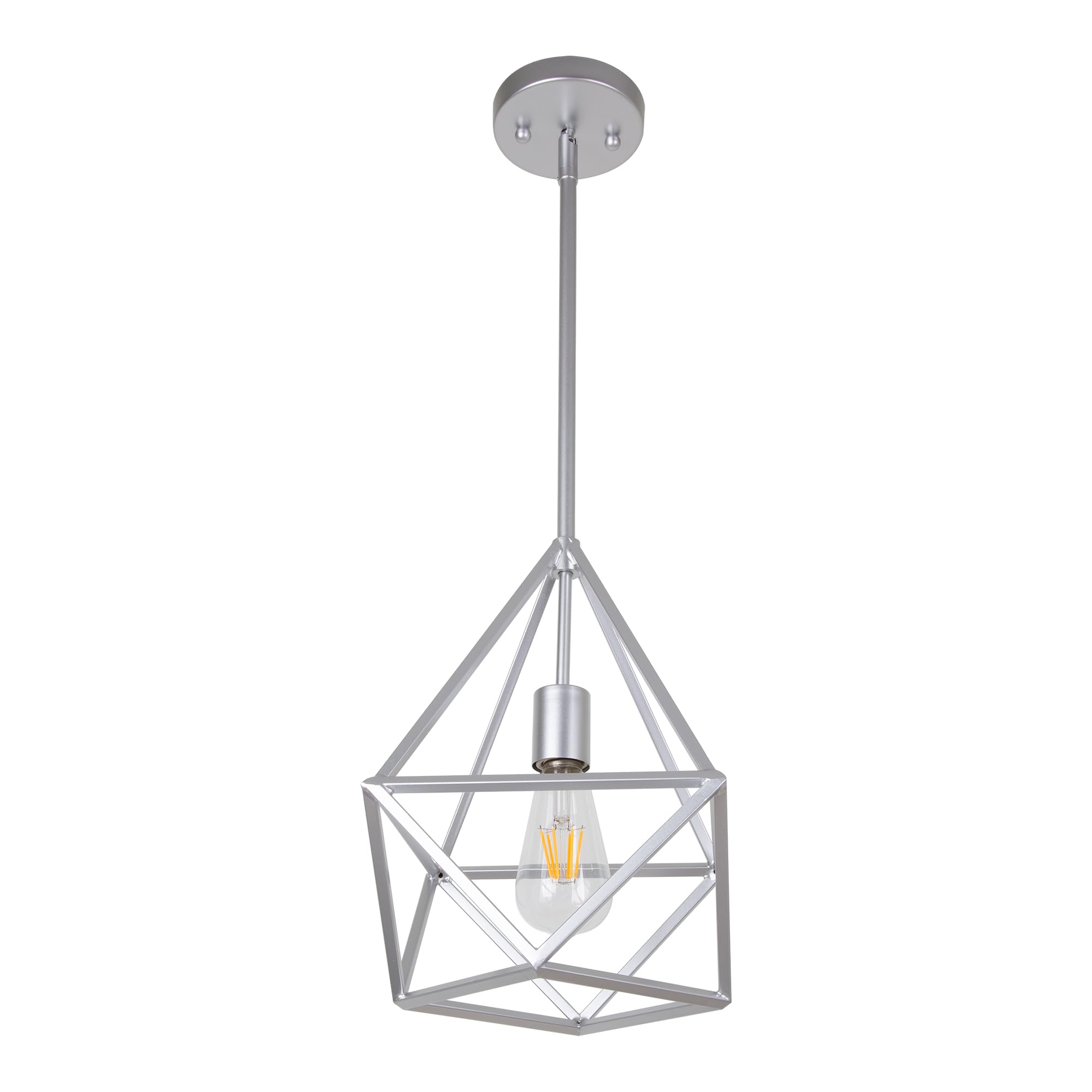 Modern Geometric Pendant Light - Adjustable Silver Hanging Light Fixture for Kitchen Island, Dining Room, Foyer & Entryway | Open Cage Design with 1 Light & Adjustable Cord | Perfect for Contemporary Home Decor & Restaurant Lighting