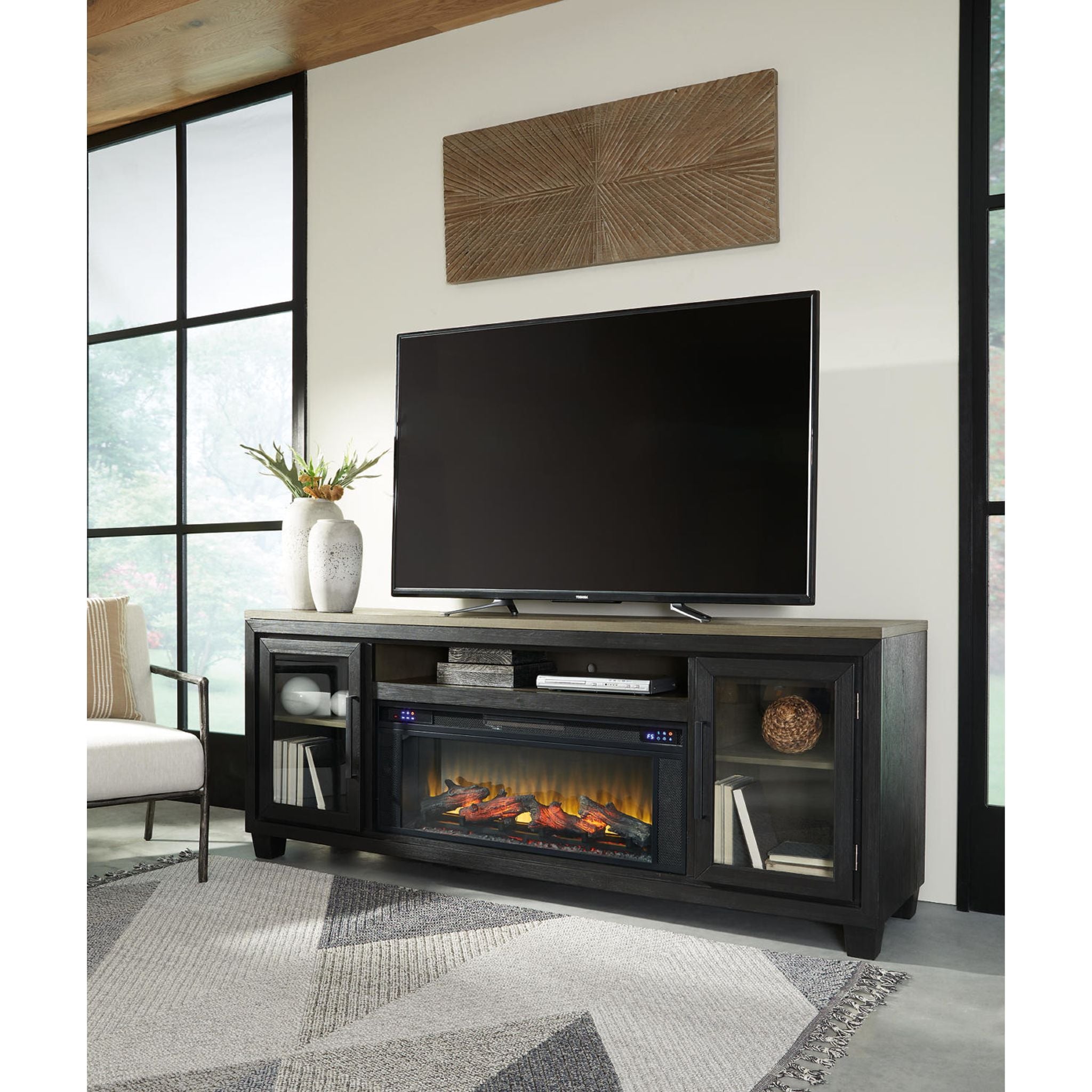 Foyland Modern TV Stand with Electric Fireplace - Black/Brown Wooden Entertainment Center for Living Room, Bedroom & Home Theater