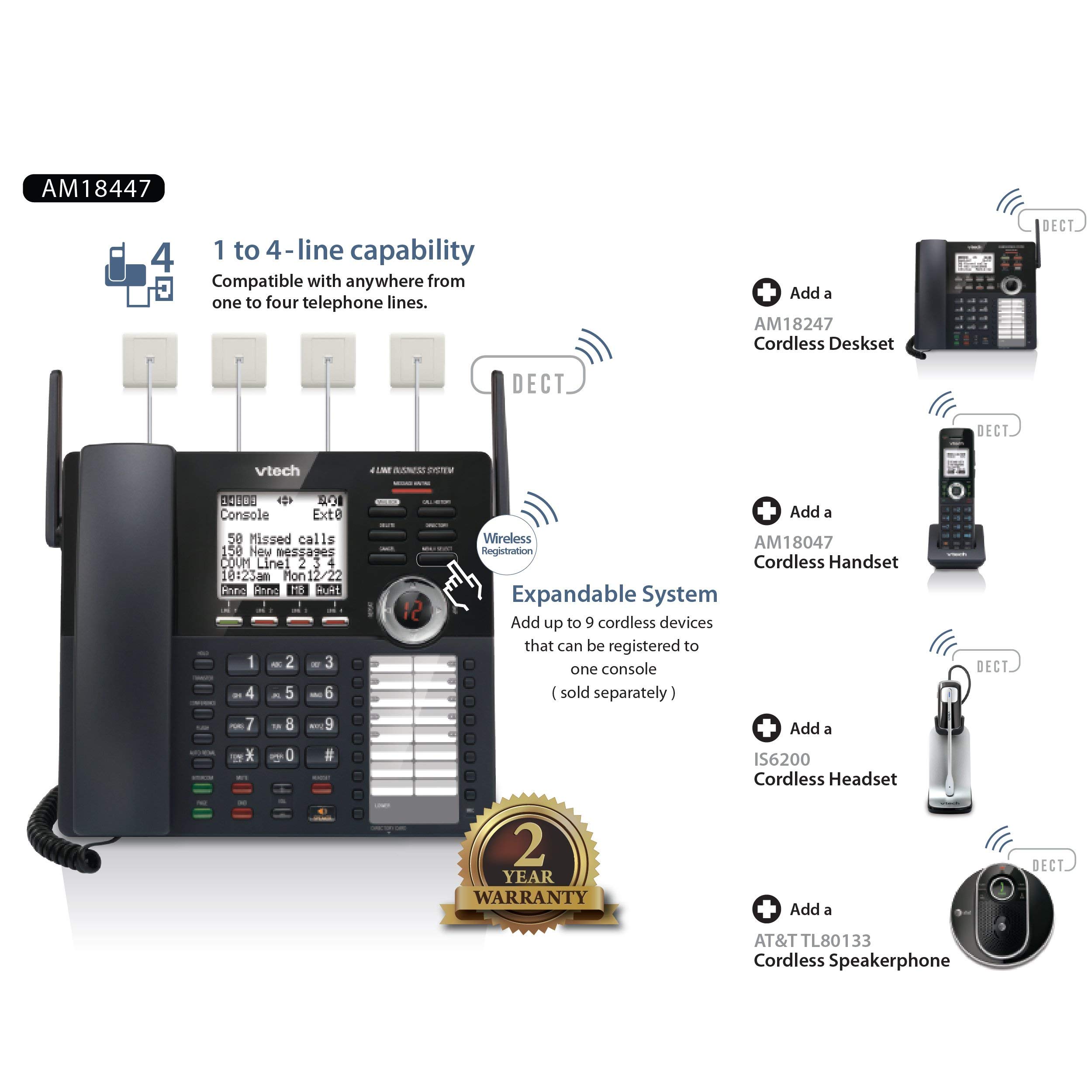 VTech AM18447 4-Line Expandable Business Phone System with Answering Machine, Intercom, Auto Attendant & Music on Hold - Refurbished | Perfect for Small Offices, Call Centers & Home Businesses