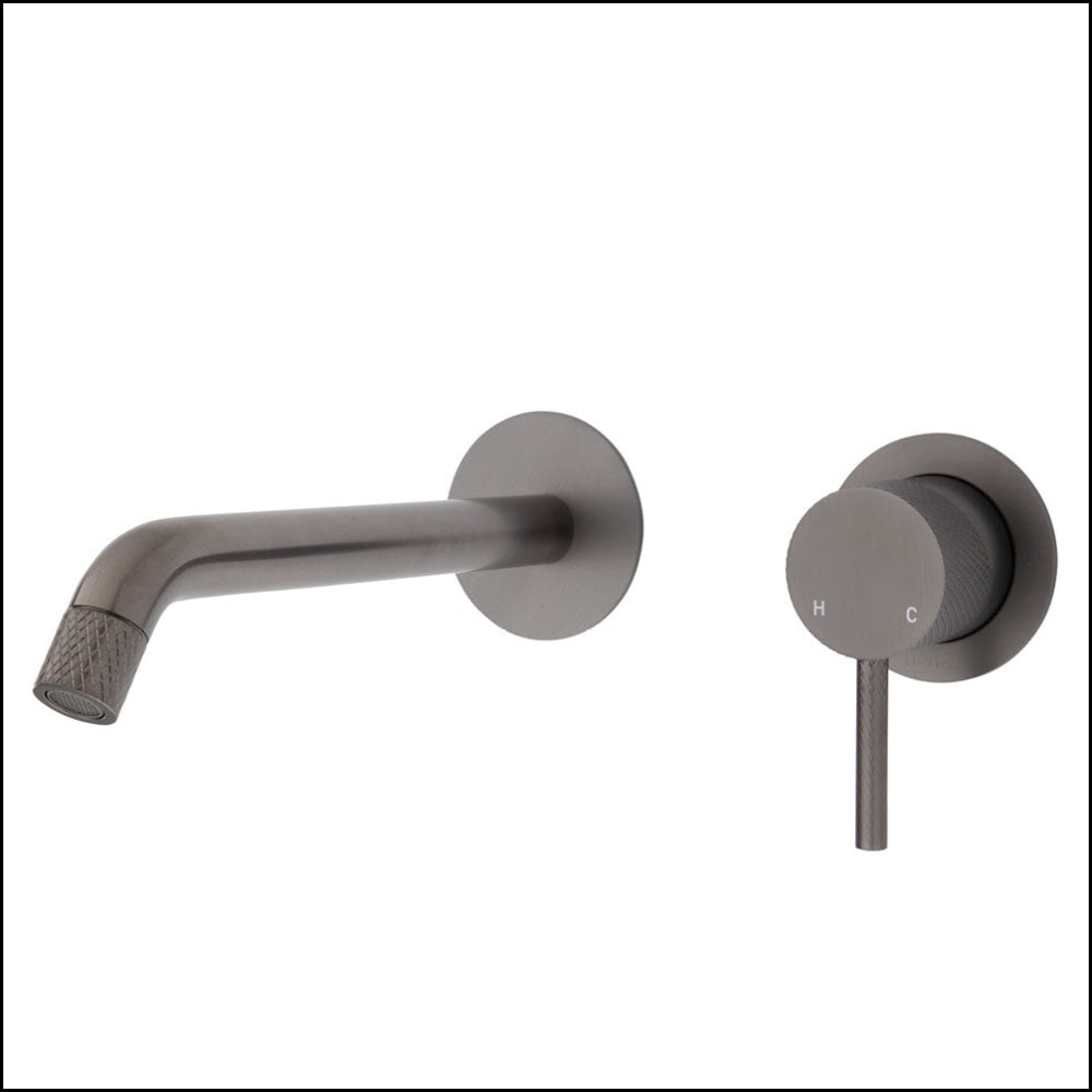 FIENZA Gun Metal Axle Wall Basin Bath Mixer Set with Small Round Plates - 200mm Outlet (231104GM 200) - Perfect for Modern Bathrooms and Powder Rooms
