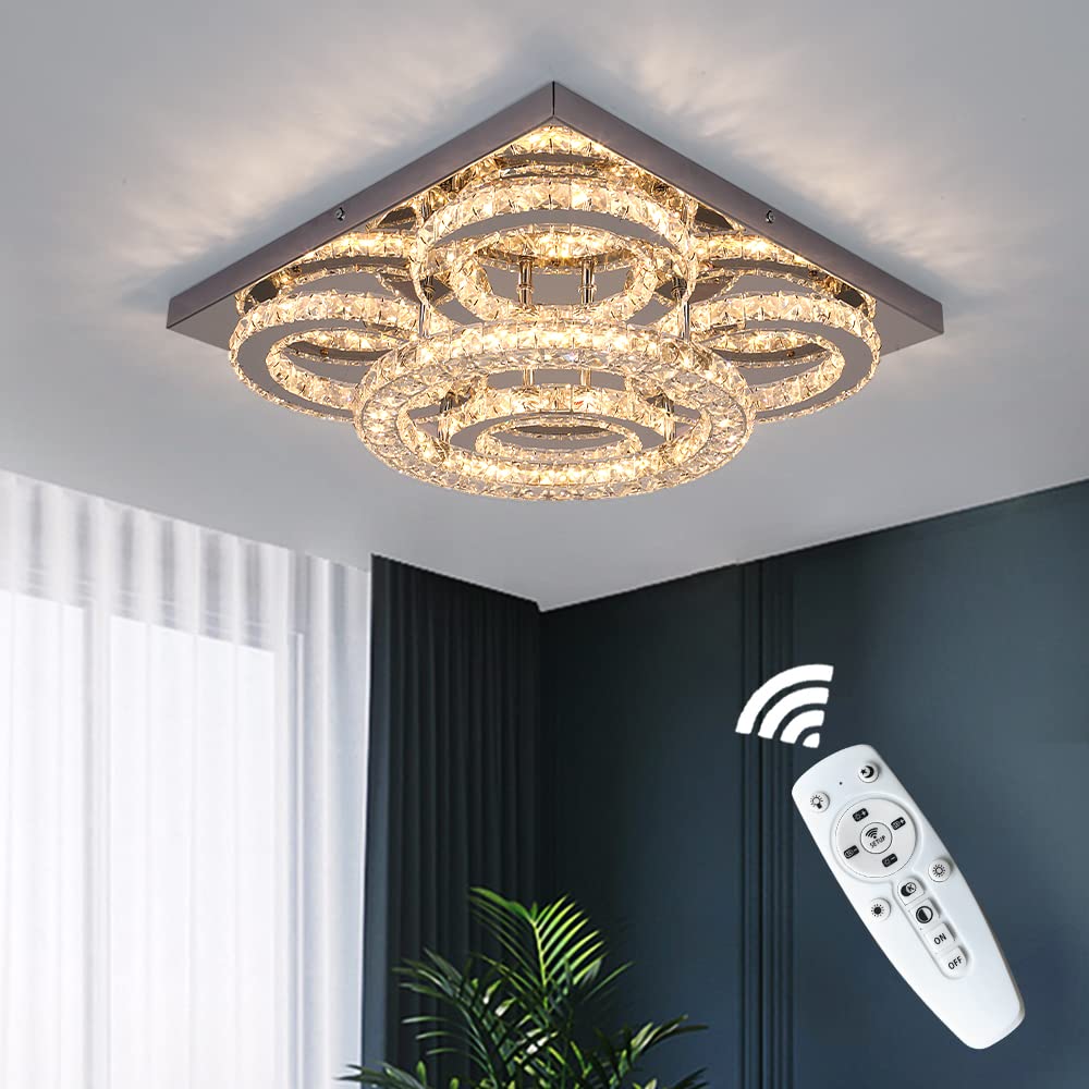 GreeLustr Modern Crystal Ceiling Light Fixture - 5 Ring Dimmable LED Chandelier with Remote Control, Flush Mount Lighting for Bedroom, Living Room & Dining Room | Energy Efficient Home Decor Lighting Solution
