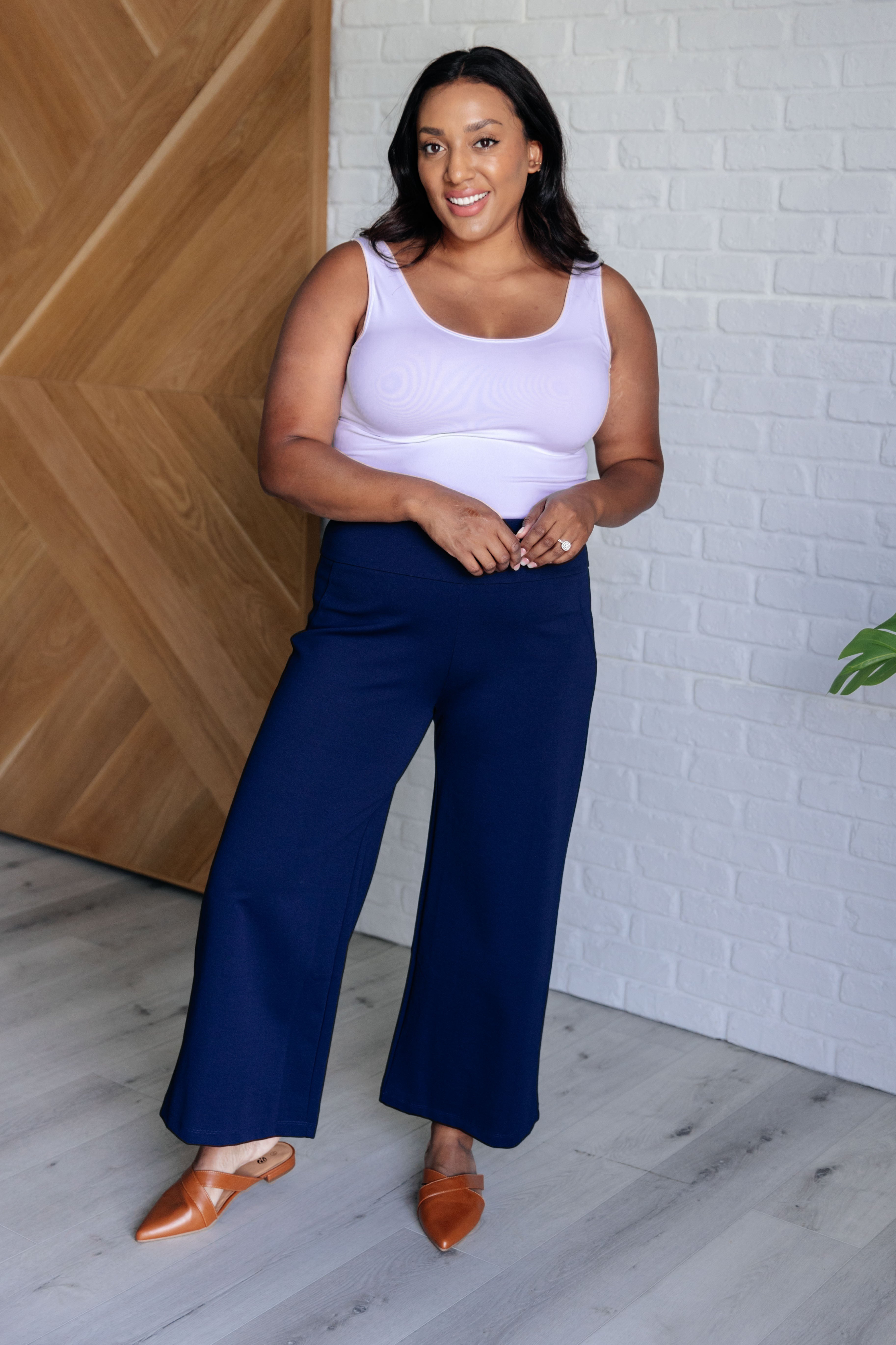 Stylish Navy Blue Magic Wide Leg Crop Pants for Women - Comfortable High Waist Palazzo Trousers for Casual Wear, Office & Summer Outfits