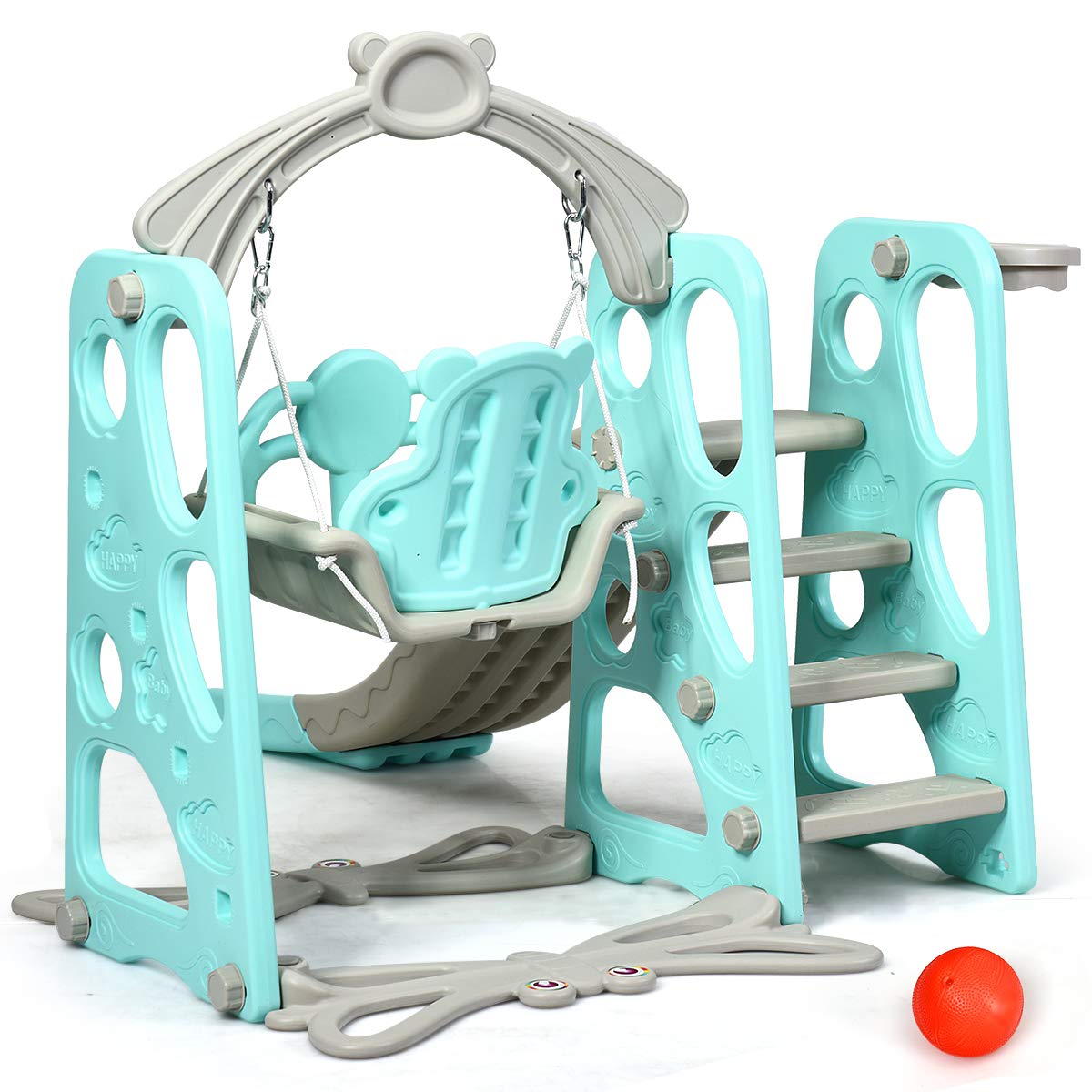 Costzon 4-in-1 Toddler Slide & Swing Set - Indoor/Outdoor Baby Playset with Slide, Swing, Climber & Basketball Hoop | Fun Playground Equipment for 1+ Year Old Girls & Boys | Perfect for Backyards, Playrooms & Birthday Gifts