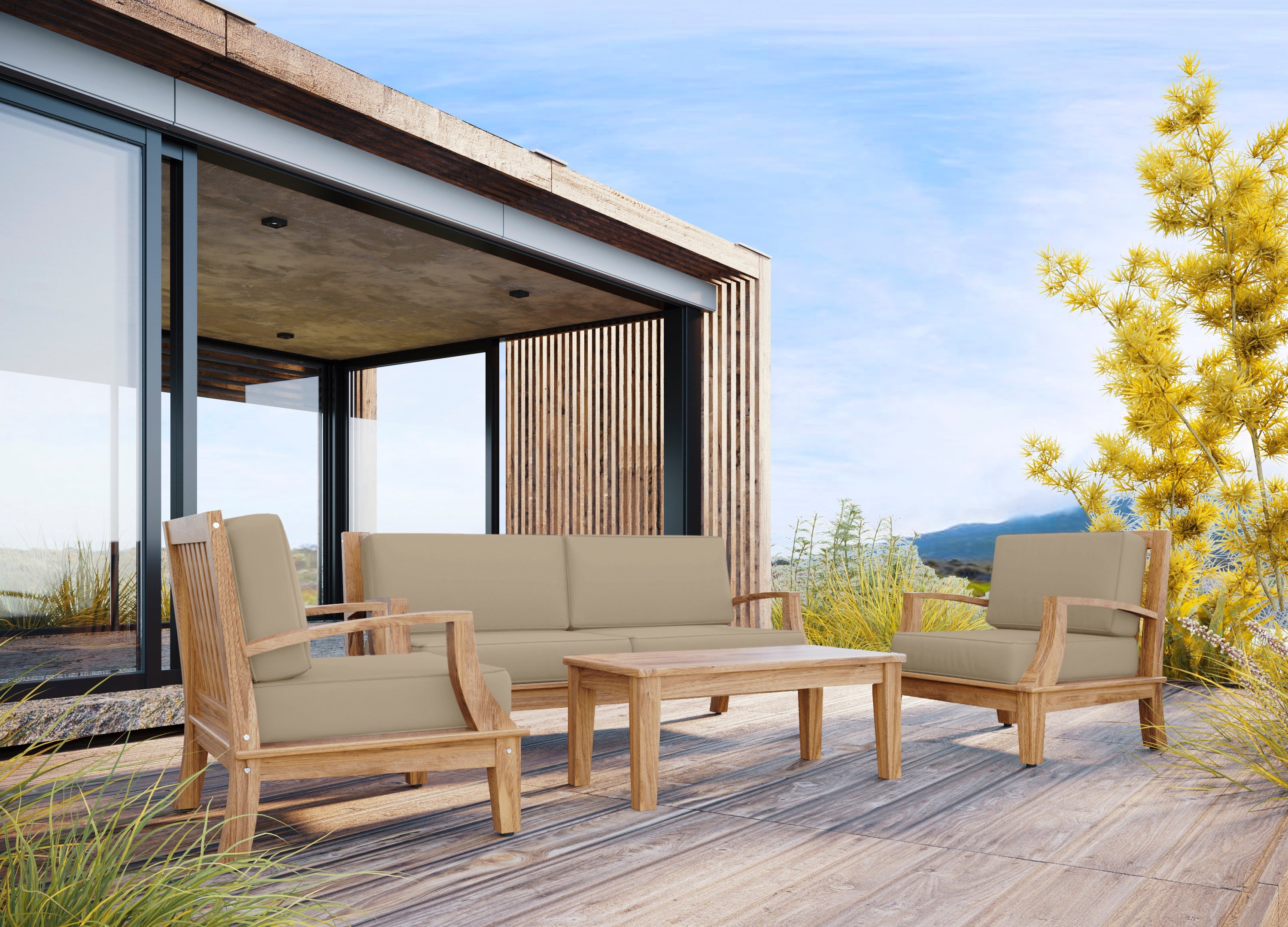 Eliane 4-Piece Teak Outdoor Patio Deep Seating Set with Sunbrella Fawn Cushions - Durable Weather-Resistant Garden Furniture for Backyard, Poolside & Patio Relaxation