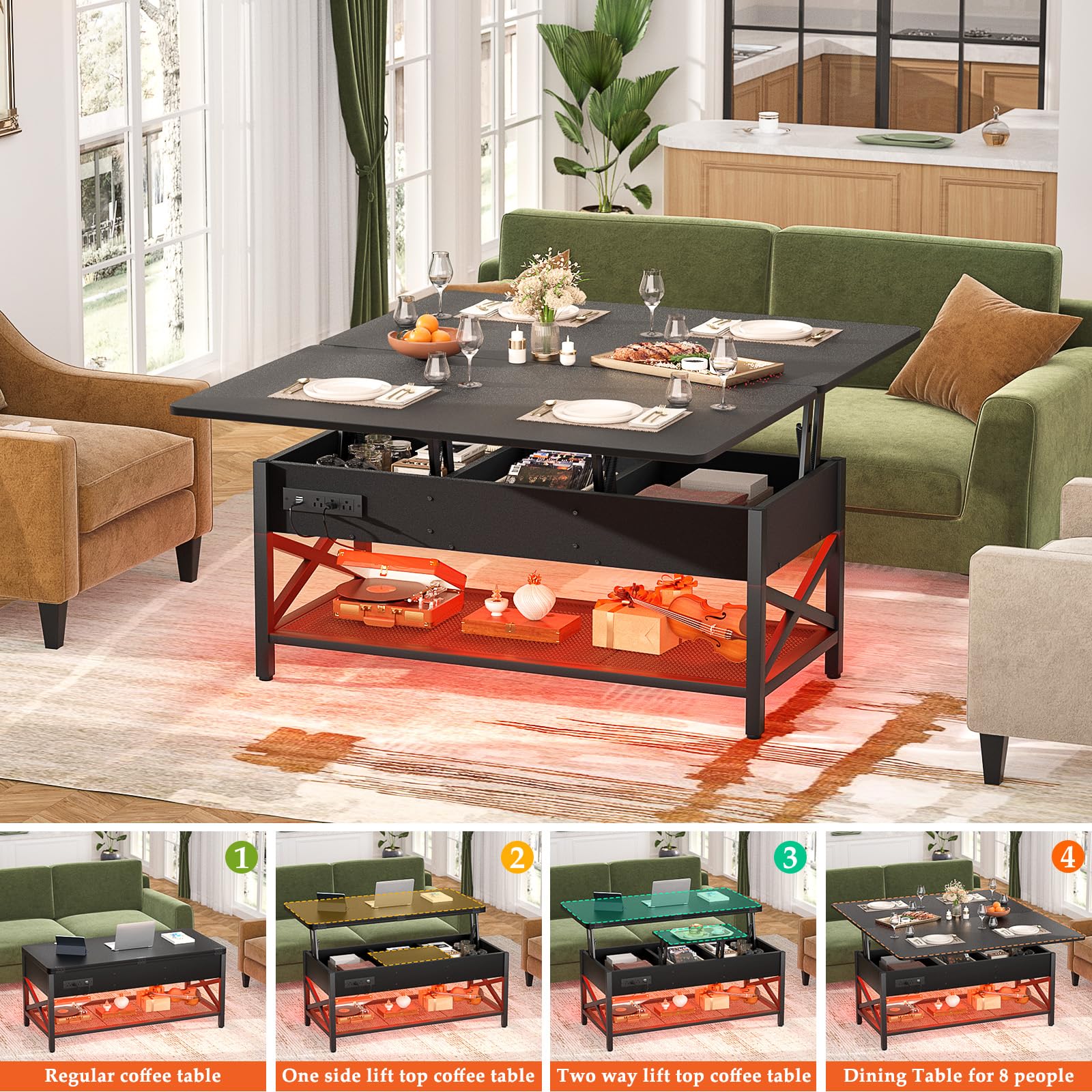 Aheaplus Lift Top Coffee Table with LED Light & Power Outlet - Convertible to Dining Table, Multi-Functional Center Table with Storage Shelves for Living Room, Home Office & Reception Areas - Perfect for Small Spaces, Entertaining Guests & Remote Work (Black)