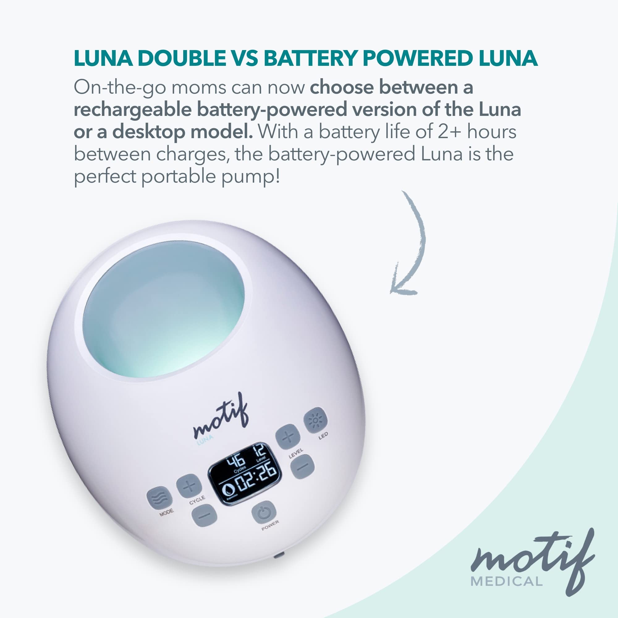 Motif Medical Luna Double Electric Breast Pump with Rechargeable Battery - Portable, Quiet, Easy to Use Breast Pump with LED Night Light for Nursing Moms at Home, Work or Travel