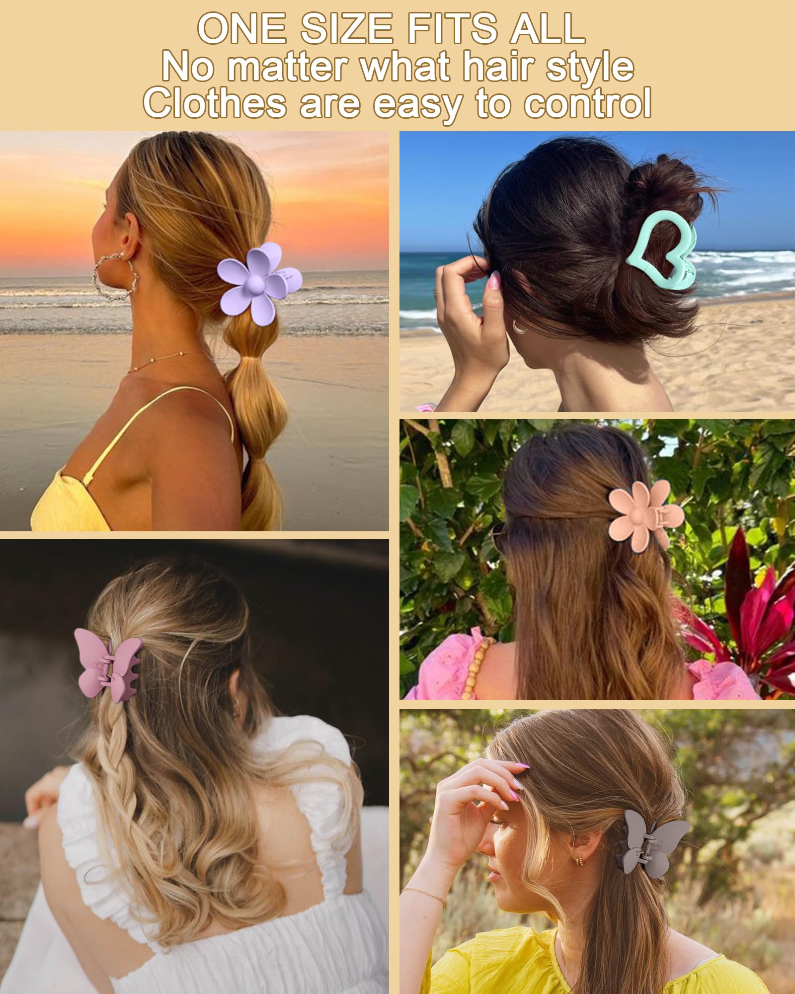 HAIMEIKANG 6 PCS Matte Hair Clips Set - Flower, Heart & Butterfly Hair Claw Clips for Women & Girls - Non-Slip Strong Hold for Thin/Medium/Thick Hair - Perfect for School, Work & Daily Styling