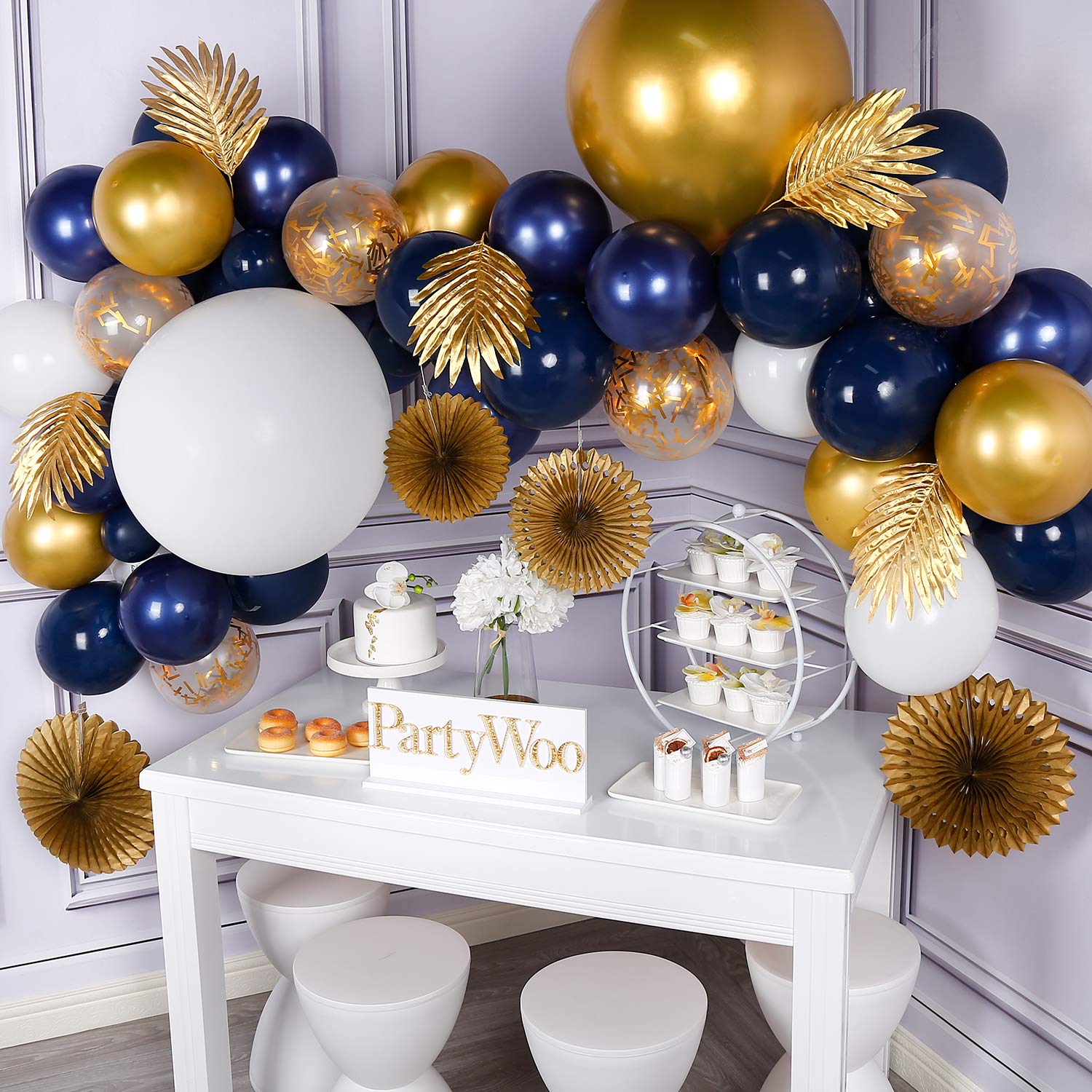PartyWoo Navy Gold Balloon Arch Kit - 71 Pcs Blue & Gold Balloons, Navy Blue Balloons, Paper Fans & Gold Confetti Balloons for Birthday, Wedding, Baby Shower & Graduation Decorations