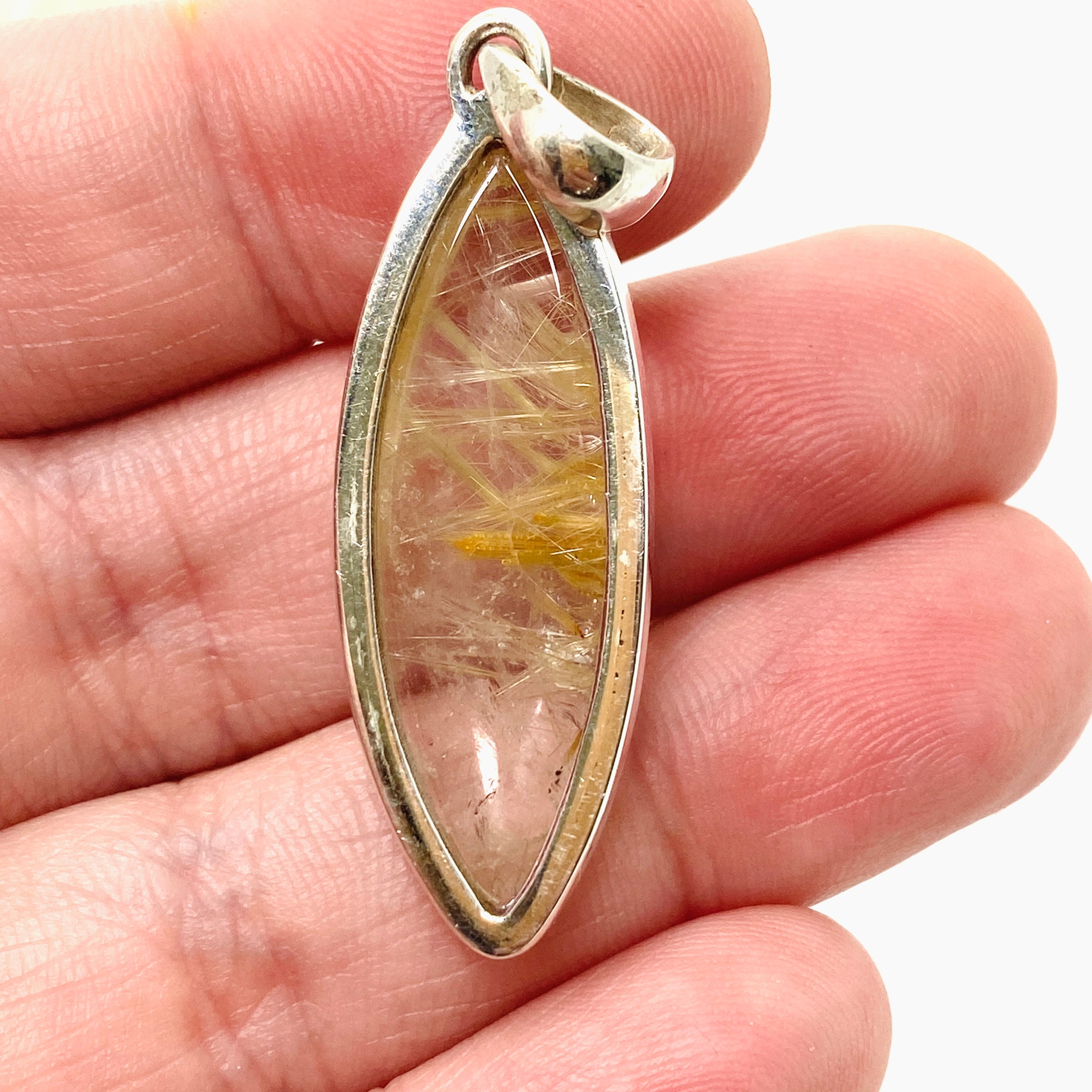 Natural Rutilated Quartz Marquise Cabochon Pendant Necklace - Handmade Jewelry for Women, Spiritual Healing & Energy Balance - Perfect for Meditation, Yoga & Gift Giving