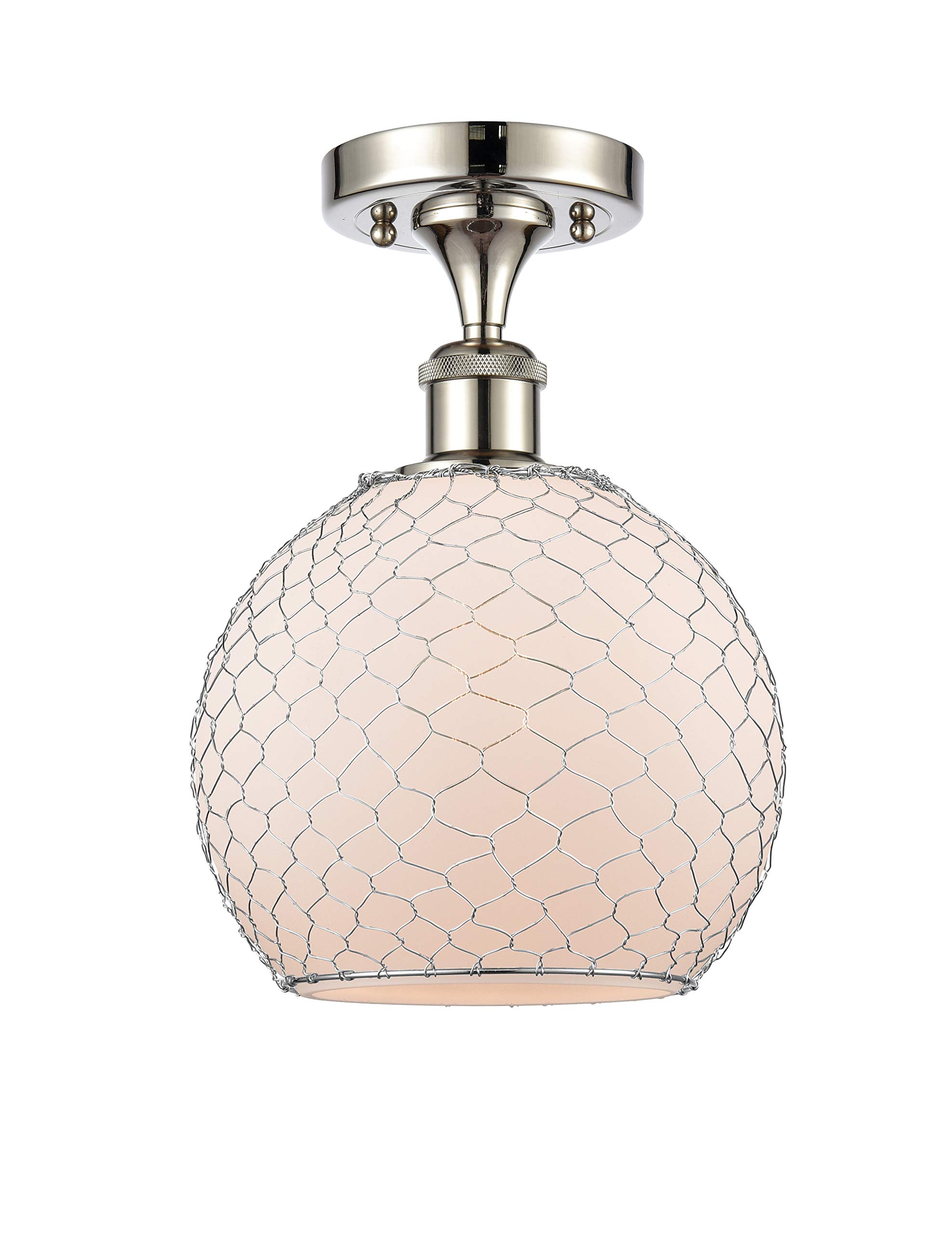 Ballston Collection Farmhouse Chicken Wire 1 Light Semi-Flush Mount Ceiling Light in Polished Nickel - Rustic Kitchen Pendant Lighting for Dining Room, Bedroom, or Entryway