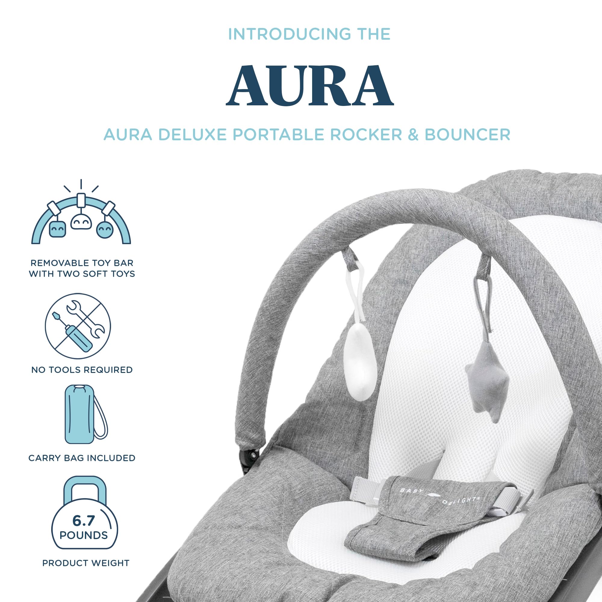 Baby Delight Aura Deluxe Portable Baby Bouncer - Infant Rocker Seat with Quilted Charcoal Tweed Fabric | Lightweight & Foldable for Travel | Perfect for Nursery, Living Room & Outdoor Use