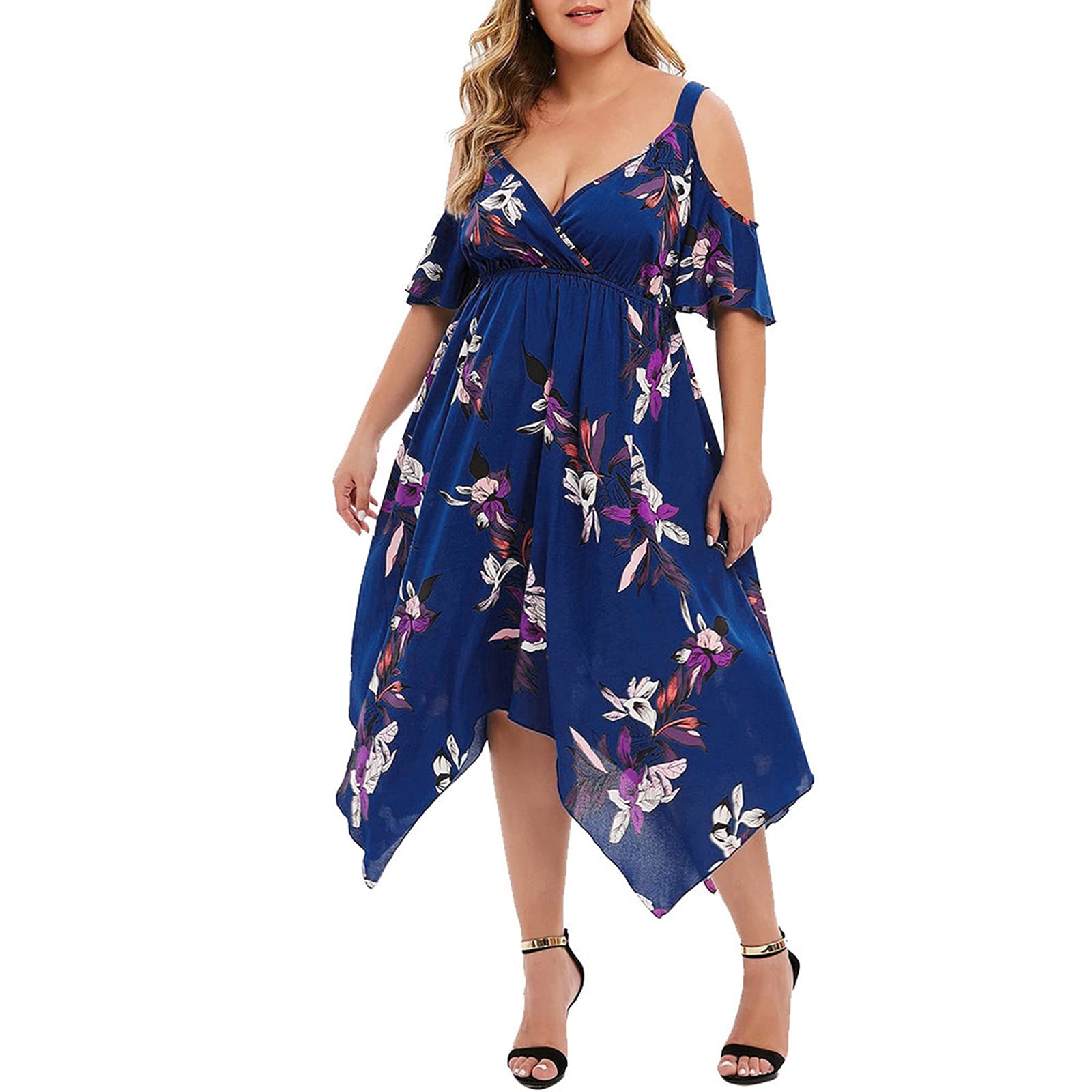 TIMIFIS Plus Size Off Shoulder T-Shirt Dress for Women - Casual Short Sleeve V-Neck Midi Dress - Loose Fit Summer Dress for Beach, Party & Everyday Wear