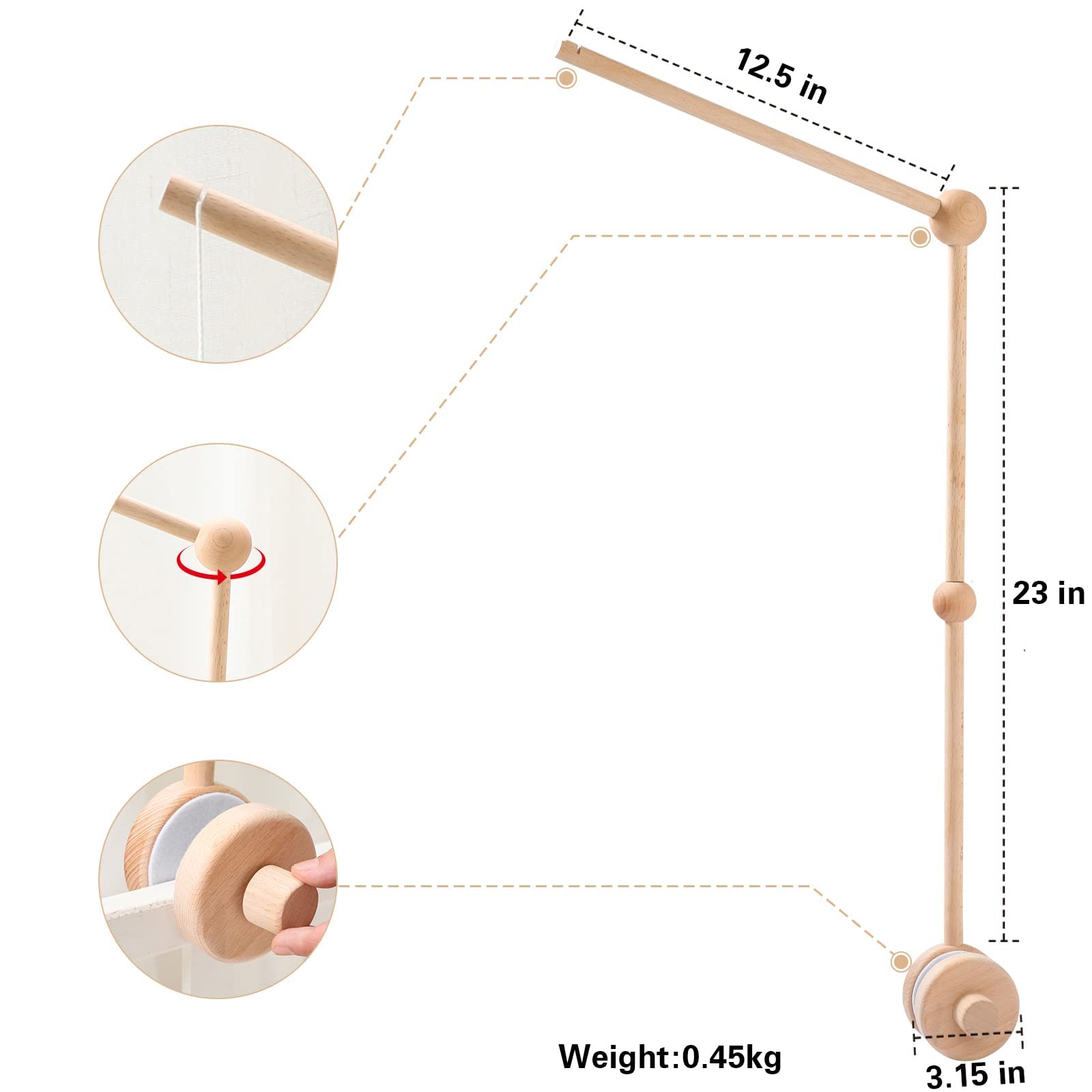 Wooden Baby Crib Mobile Holder - Nursery Decor Hanging Mount for Bed Bell & Musical Toys - Perfect for Newborn Nursery Room Decor & Baby Shower Gifts