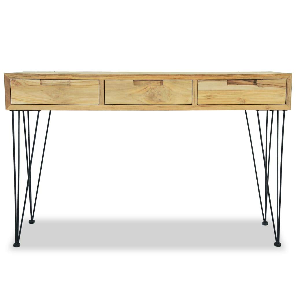 Rustic Industrial Console Table with 3 Drawers - Solid Teak Wood Sofa Table with Iron Legs, 47.2