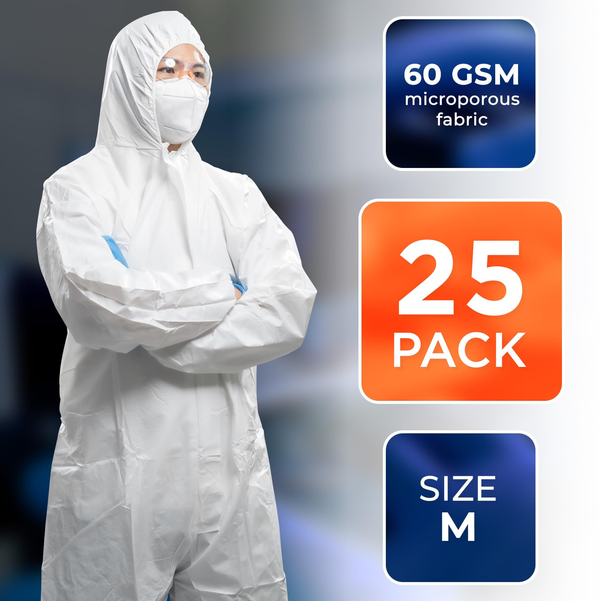 EZGOODZ White Disposable Coveralls with Hood - 25 Pack Hazmat Suits (Size M) | 60 GSM Microporous Painters Suit | Elastic Wrists & Ankles | Waterproof Protective Coveralls for Painting, Construction, Chemical Handling & Industrial Work
