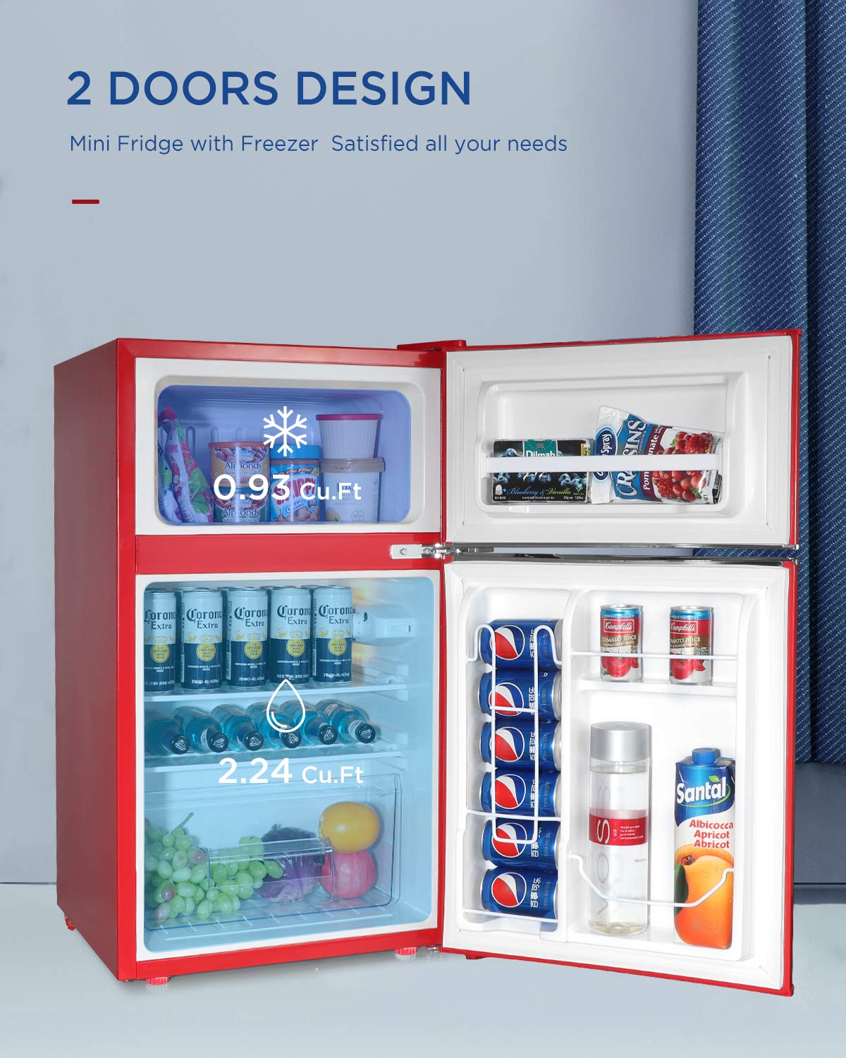 Northair 2-Door Mini Refrigerator with Freezer - 3.2 Cu Ft Compact Fridge for Dorm, Office, Bedroom - Red Energy Efficient Fridge with Removable Basket & Adjustable Shelves - Perfect for Small Spaces, Apartments, and Home Use