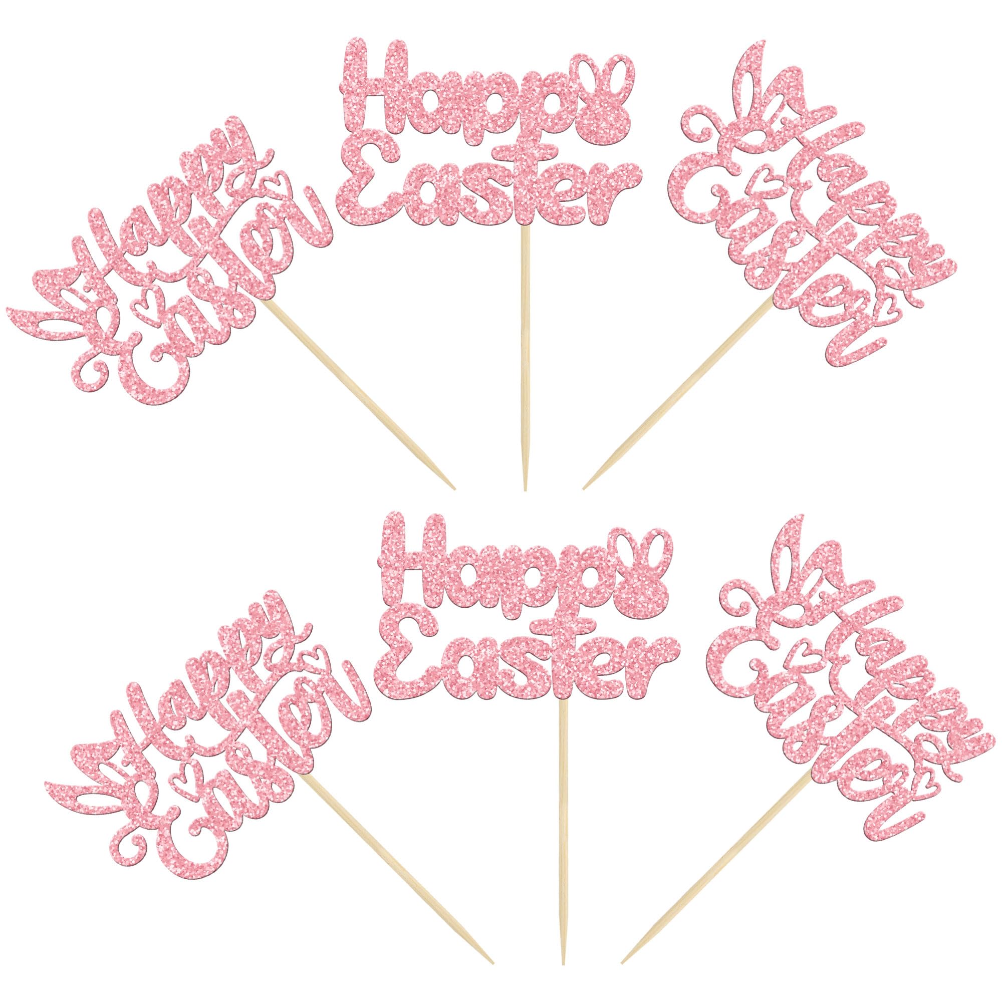 Pink Glitter Easter Bunny Cupcake Toppers - 24Pcs Happy Easter Cake Decorations for Easter Party, Spring Birthday & Baby Shower - Adorable Bunny Toppers for Cupcakes, Cakes & Desserts