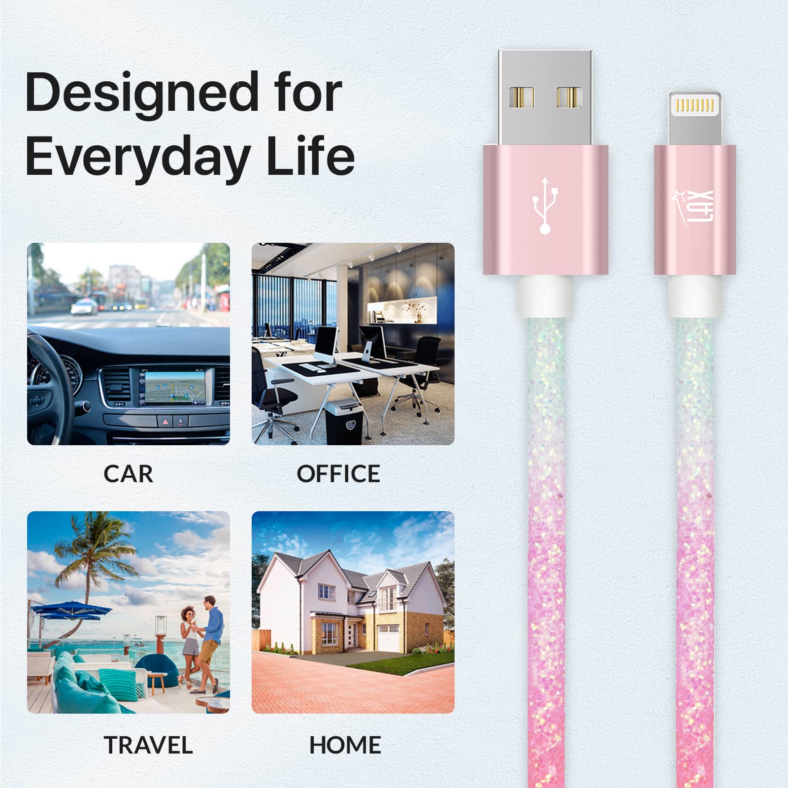 LAX Gadgets USB A to Lightning Cable - MFI Certified Fast Charging & Data Sync Cable for iPhone 14/13/12/11/X/8, iPad, iPod - 6ft Nylon Braided Durable Cable - Pastel Rainbow (GLMFI6PAS) | Perfect for Home, Office & Travel Charging