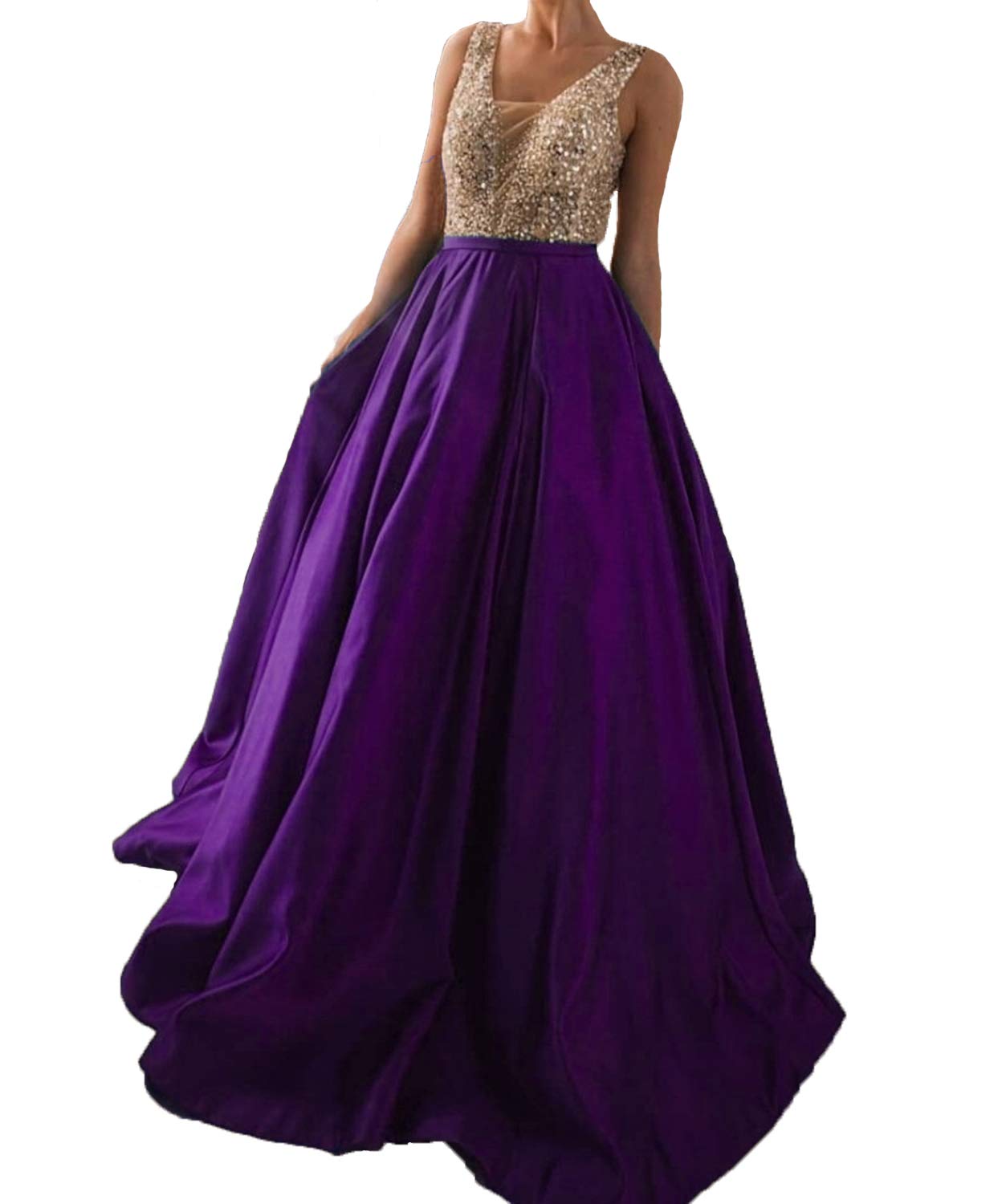 Elegant Gricharim Women's Beaded V-Neck Crystal Satin Prom Dress - Long Formal Evening Gown for Homecoming, Wedding Guest & Special Occasions