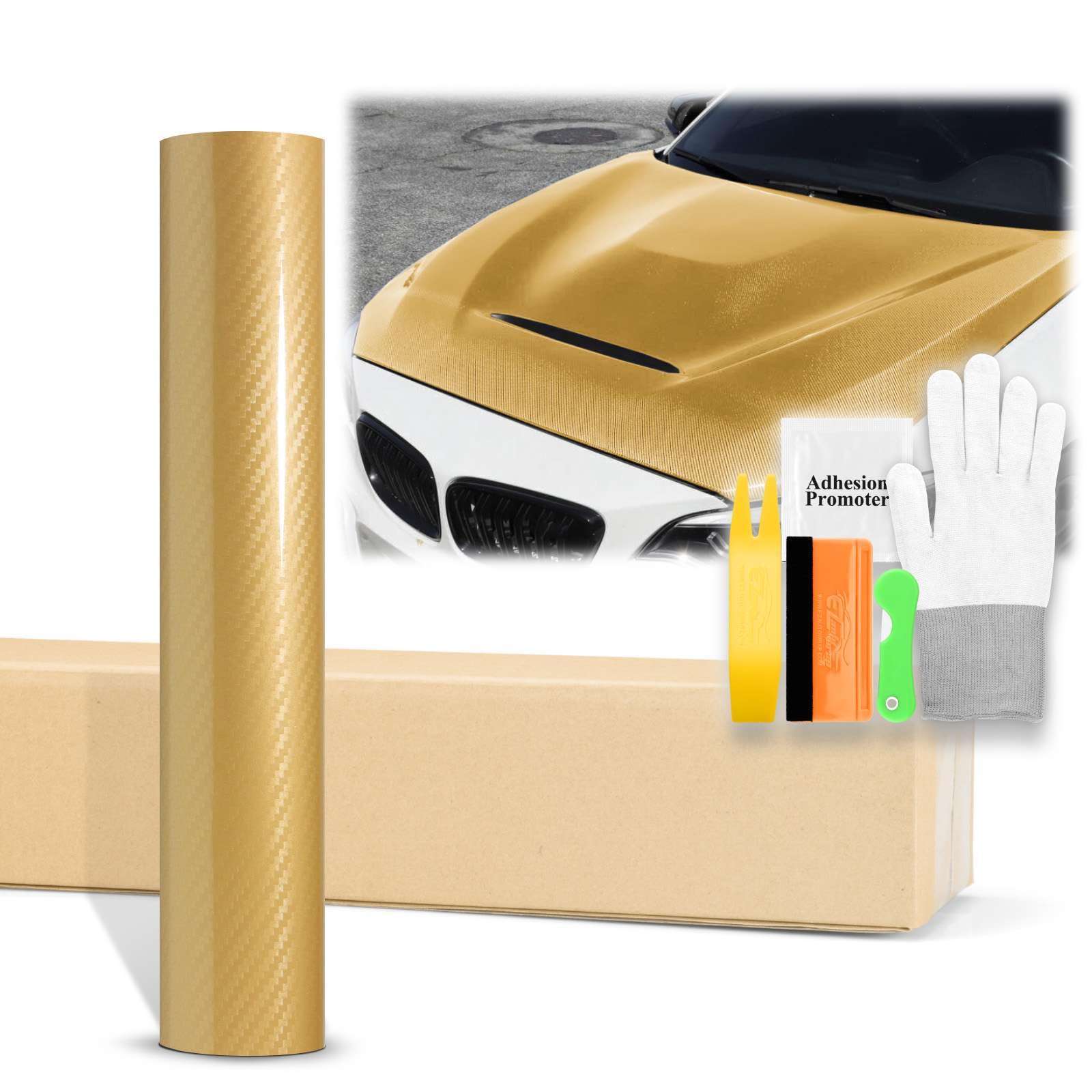 5FTx40FT Gold 5D Carbon Fiber Vinyl Wrap - High Gloss Textured Car Sticker Decal Film with Air Release Technology & Tool Kit - Perfect for Vehicle Wrapping, DIY Auto Customization, and Decorative Surface Protection
