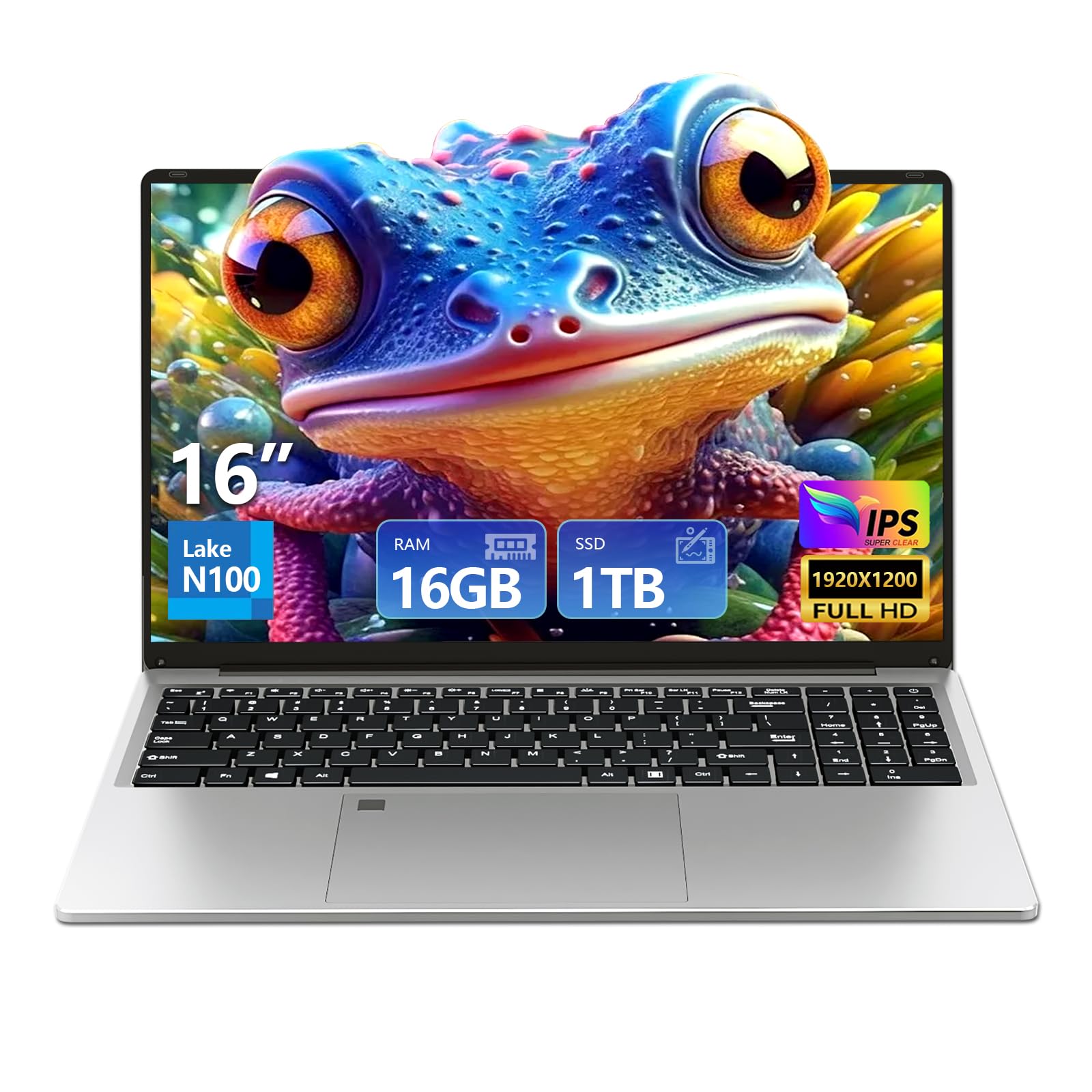 16 Inch Gaming Laptop with Intel N100 Processor, 16GB DDR5 RAM & 1TB SSD - Full HD 1920x1080 Display, Backlit Keyboard, Fingerprint Unlock, WiFi 6 - Perfect for Business Professionals & Esports Gamers