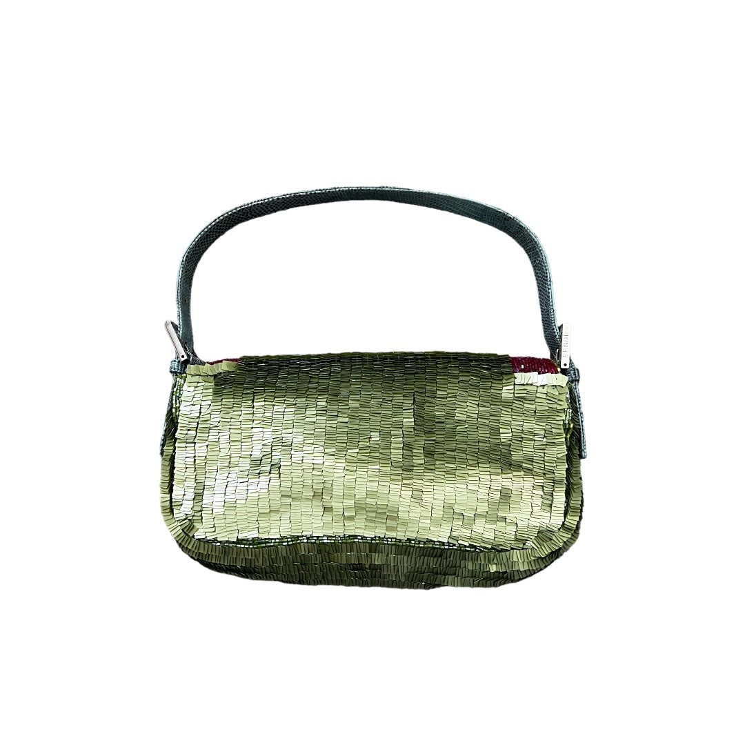 Vintage Fendi Green Sequin Bag with Red Stripes - Rare Designer Handbag for Women | Perfect for Evening Parties, Weddings & Special Occasions