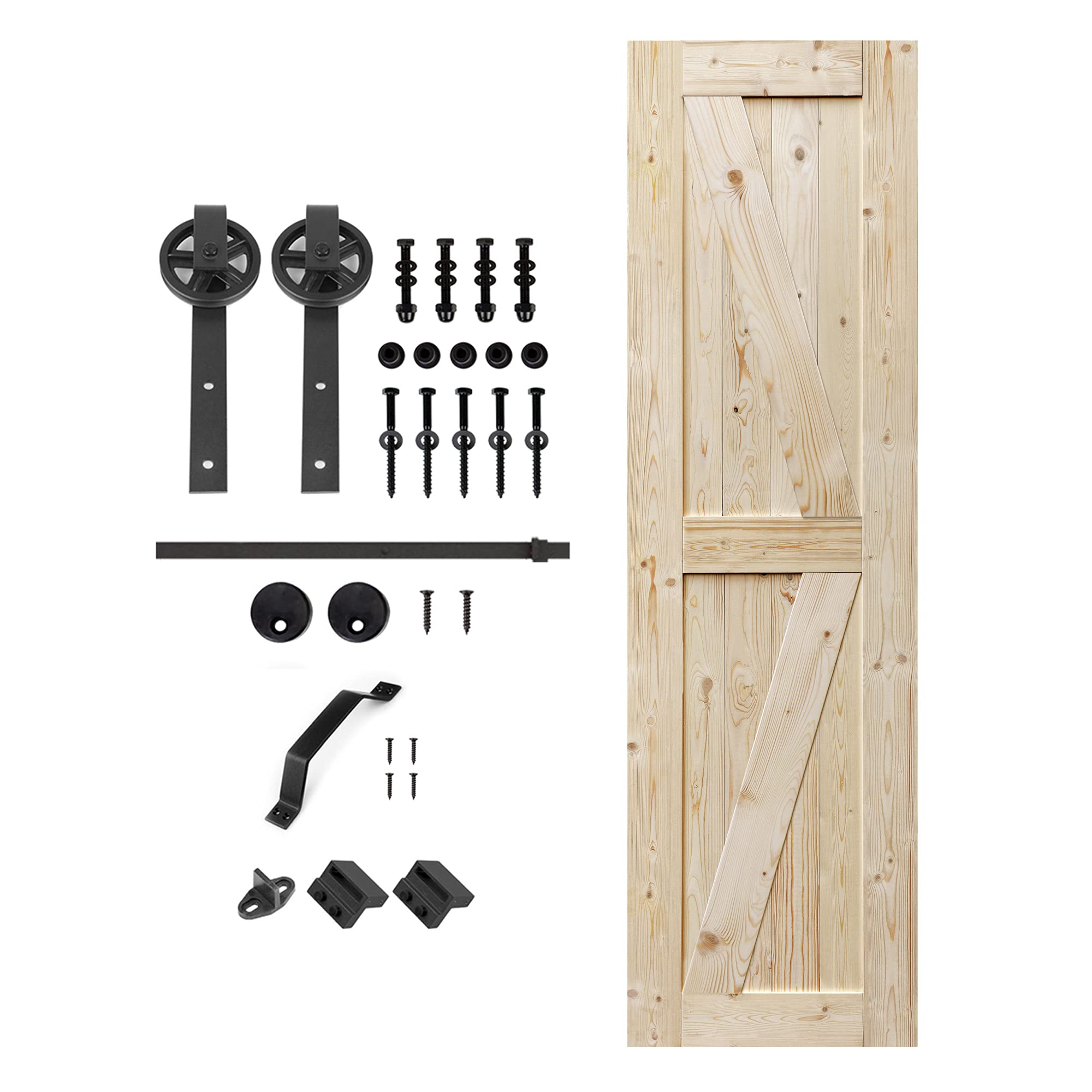 20x84 Inch Unfinished British Brace Knotty Barn Door with 4FT Sliding Hardware Kit - Solid Wood Sliding Door for Bedroom & Closet - DIY Double Surface Design - Easy Assembly Big Wheel System