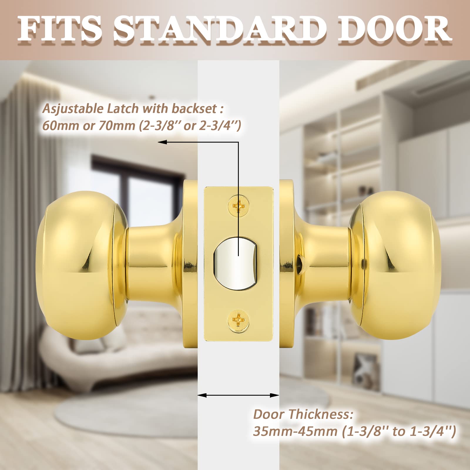 10 Pack Probrico Round Door Knobs - Polished Brass Passage Lockset for Closet, Hallway & Interior Doors | Keyless Entry, Easy Installation | Perfect for Homes, Offices & Apartments