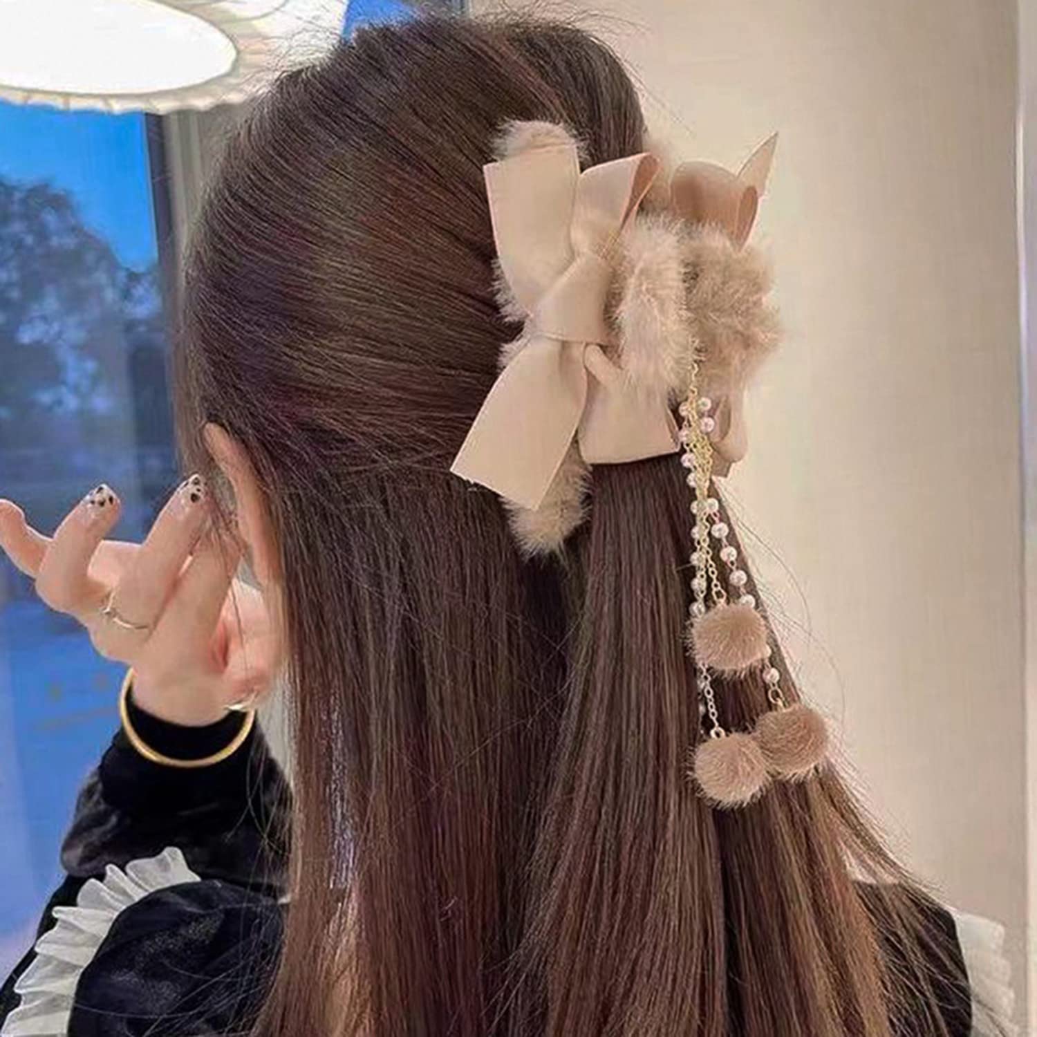 Wekicici Elegant Plush Ball Hair Claw - Bow Tassel Crab Clip Hair Accessories for Women & Girls (Brown) | Perfect for Parties, Weddings & Everyday Styling