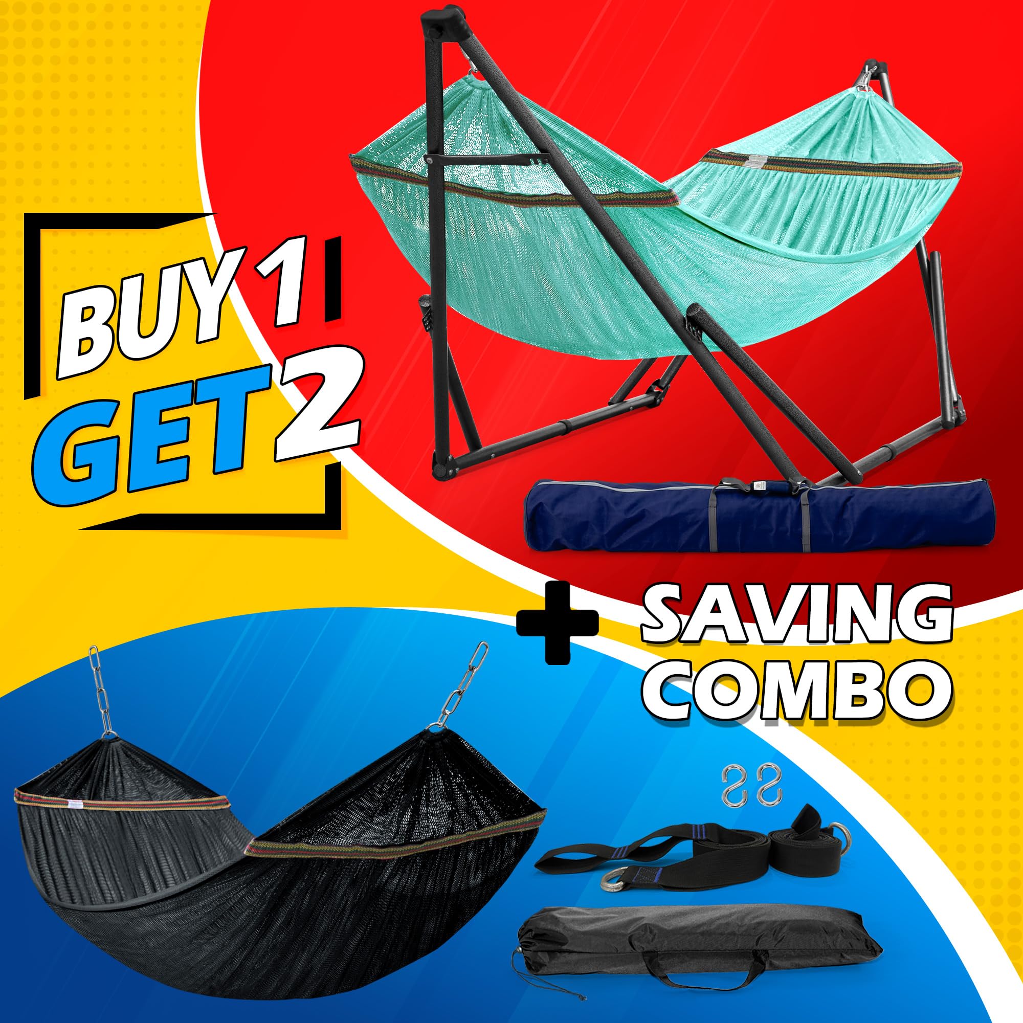 Tranquillo 2-Person Hammock Set with Stand - Heavy Duty 600lbs Capacity for Indoor & Outdoor Use - Includes 2 Hammocks, Tree Straps, and Portable Carrying Bags - Perfect for Backyard, Patio, Camping, and Beach Relaxation