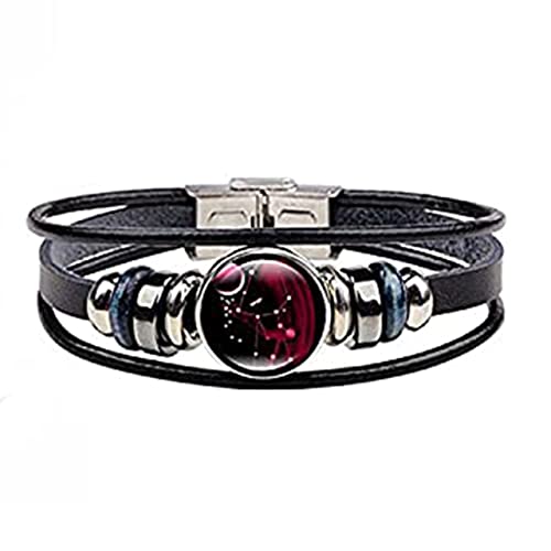 12 Constellation Zodiac Bracelet for Women & Men - Vintage Punk Black Leather Astrology Bracelet - Perfect Christmas Gift for Him or Her - Ideal for Daily Wear, Gifting & Zodiac Sign Lovers