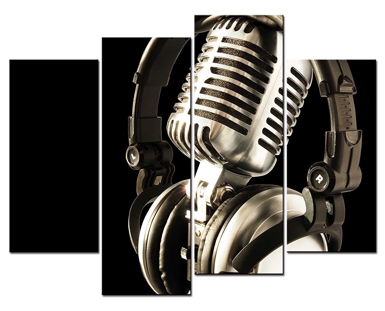 QICAI Modern Canvas Wall Art - 4 Panel Metal Microphone & Headset Painting Print on Canvas for Home & Office Decor - Ready to Hang - Perfect for Music Studios, Living Rooms & Bedrooms