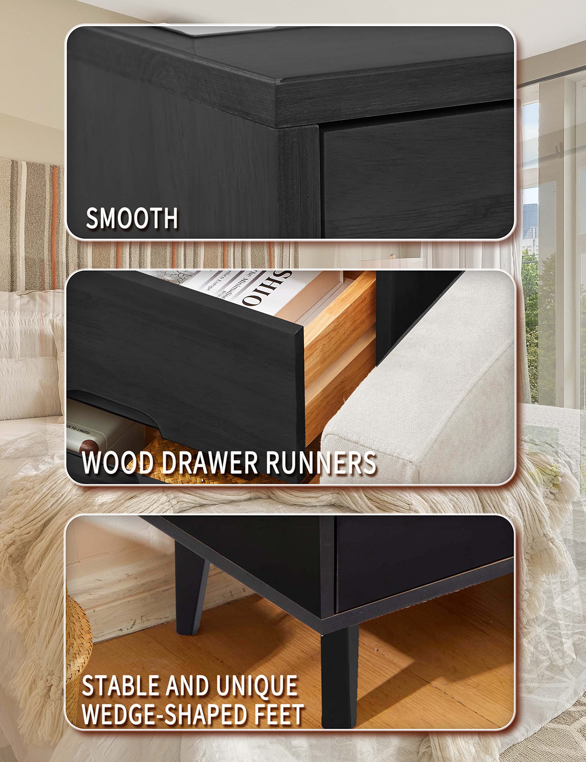 Mid Century Modern Nightstand with Grooved Handle, 2 Drawers & Shelf - Black Wood Bedside Table for Bedroom Storage | Perfect for Small Spaces, Guest Rooms & Apartment Living