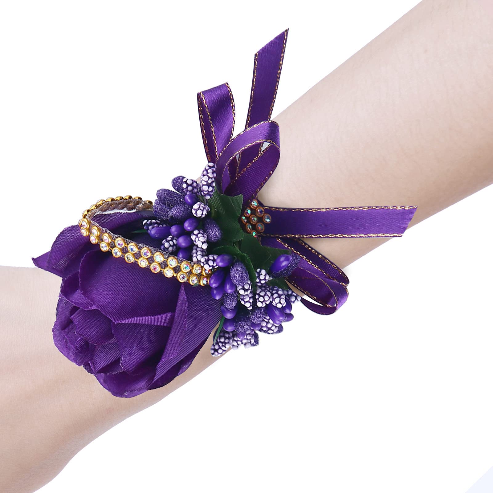 Elegant Purple Rose Wrist Corsage 4 Packs - Wedding Bridesmaid Flower Wristband for Bride, Prom, Party & Special Occasions | Perfect for Ceremonies, Dances, and Formal Events (4-Pack, Purple Rose Wrist Flowers)