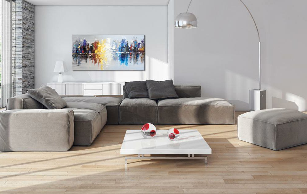 Hand Painted Modern Cityscape Oil Painting on Canvas - Abstract Reflection Wall Art Decor for Living Room - 48x24 Inch Large Contemporary Home Decor