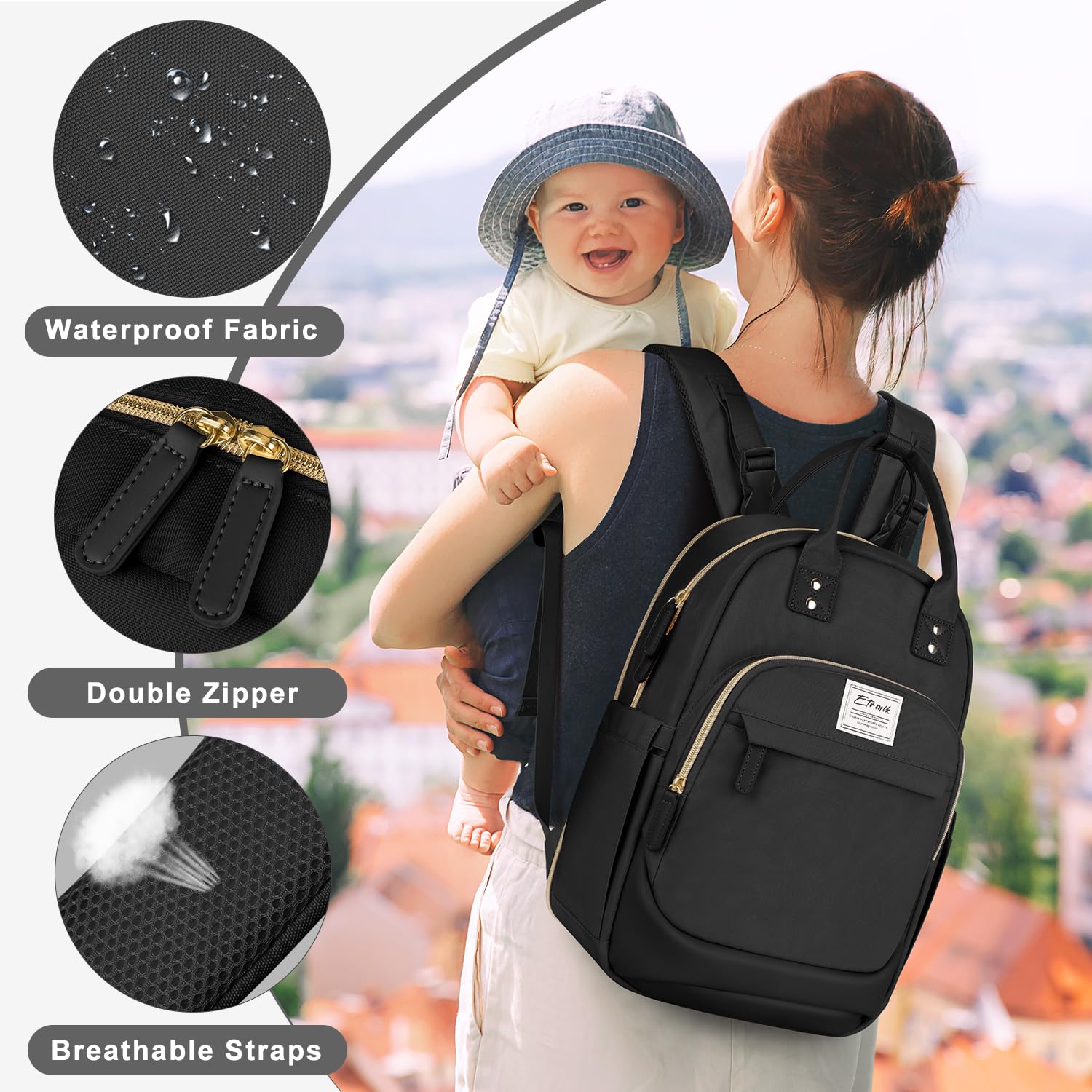 ETRONIK Baby Diaper Backpack - Large Multifunctional Waterproof Diaper Bag for Boys & Girls - Perfect for Travel, Daycare & Outings with Baby Essentials