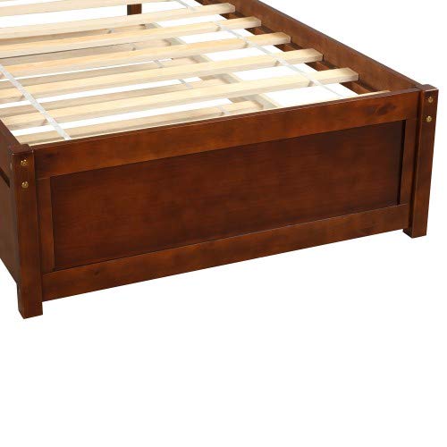 Twin Size Wooden Platform Bed Frame with Trundle Drawer - Solid Walnut Finish | Space-Saving Storage Solution for Small Bedrooms, Guest Rooms & Kids Rooms